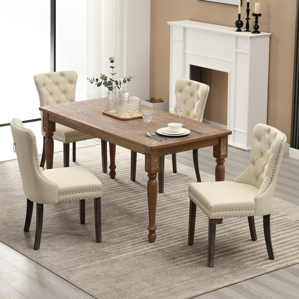 GOOLON PU Leather Dining Chairs Set of 2, Upholstered Button Tufted Dining Room Chairs with Rivet Trim Metal Pull Ring Wood Legs for Kitchen, Restaurant, Beige