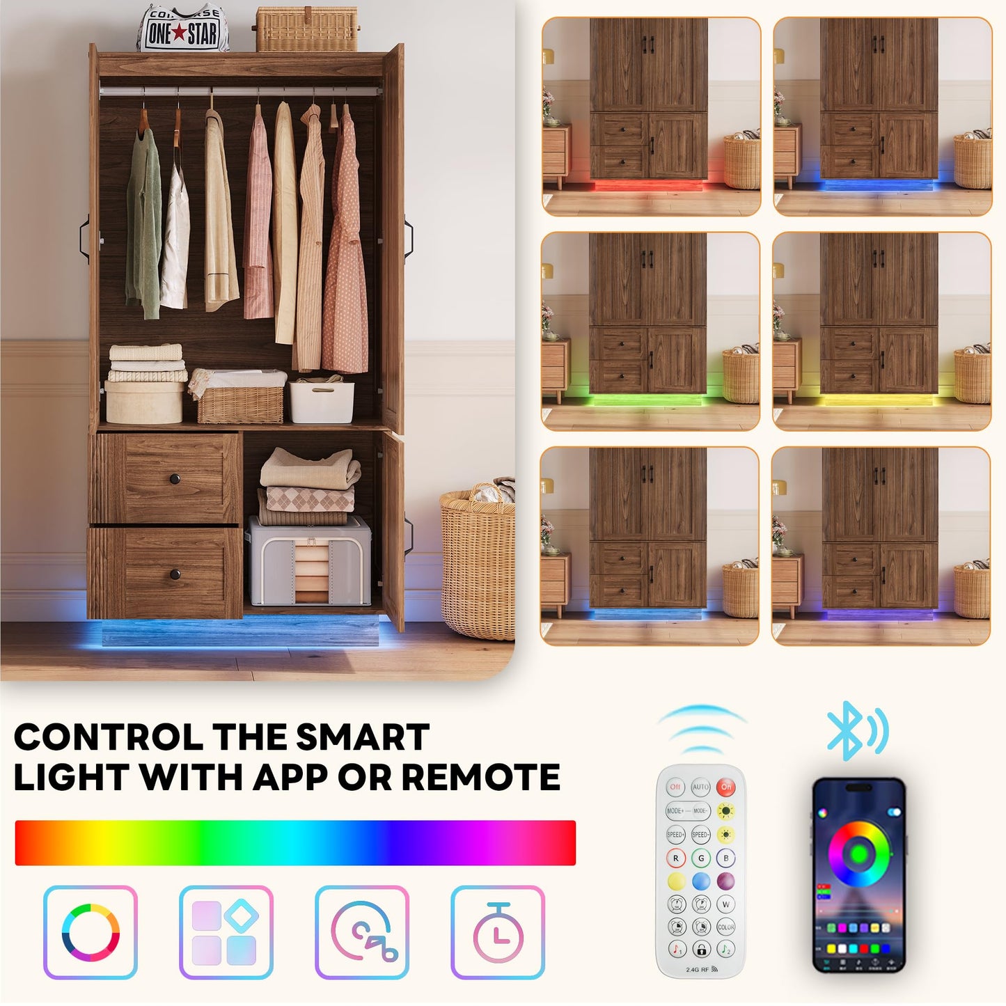 LIKIMIO Farmhouse Wardrobe Closet with Doors, 70" Bedroom Armoires with LED Lights and Hanging Rod, Wooden Large Wardrobe Cabinet with 2 Drawers and 1 Cabinet, Walnut