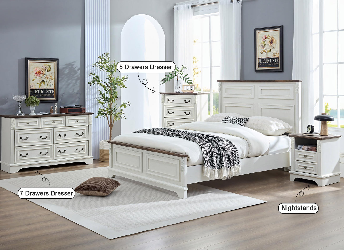 BOSHIRO Farmhouse Nightstand wtih Charging Station, 20" End Table with 2 Drawers, Night Stand Side Table Storage Cabinet with Carved Pilasters for Bedroom, Living Room, Wood Rustic, Antique White