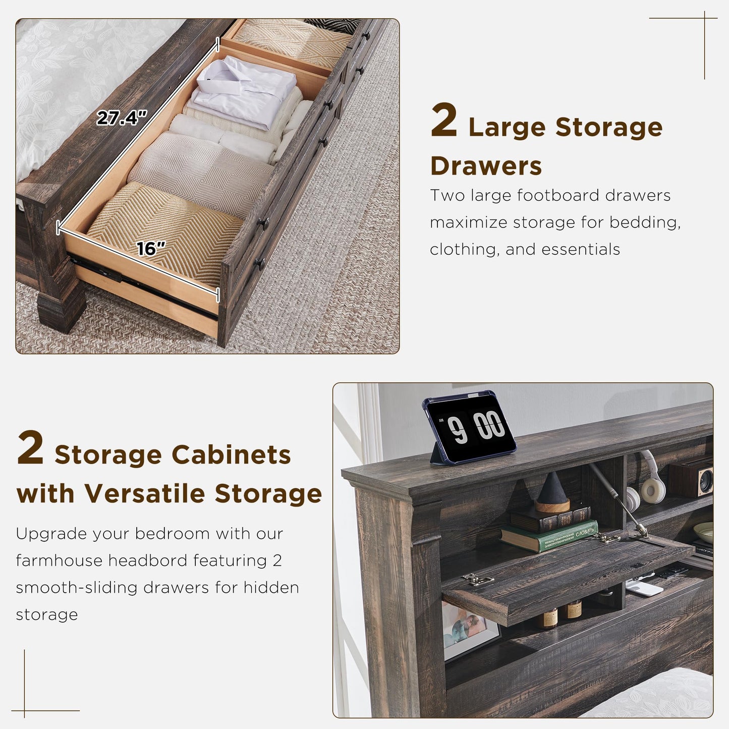 Farmhouse Queen Size Bed Frame with 54" Tall Storage Bookcase Headboard, Wood Platform Bed Frame with 18" Tall Roman Column Decoration Footboard & 2 Drawers(Dark Rustic Oak)