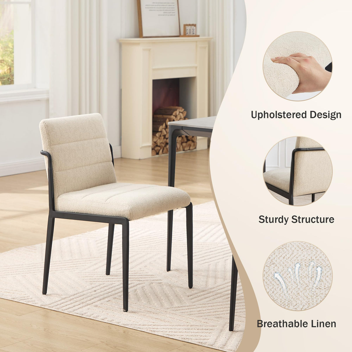 Flouki Modern Dining Chairs Set of 4, Upholstered Linen Kitchen Chairs with Wide Seating, Mid Century Dining Room Chairs with Thick Foam Padded on Backs, Sturdy Metal Legs, Beige
