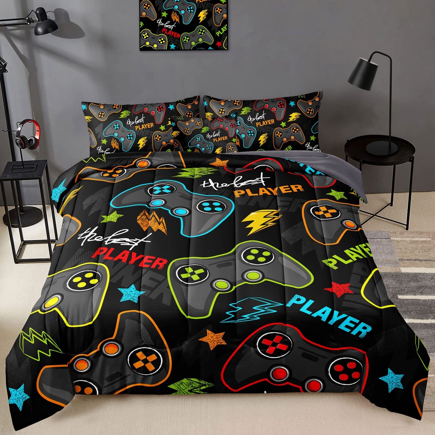 BDUCOK 5 pieces Gamer Comforter Set for Boys Gaming bedding set Twin Size,Video Game Controller Comforter for Boys Kids Adult 3D Gamepad Microfiber Bed in A Bag Sets3011,Twin