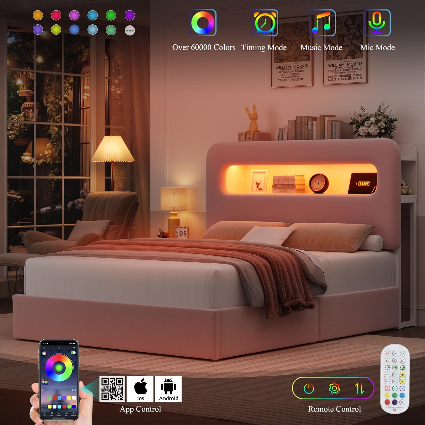 HOSTACK Full LED Bed Frame with Storage Headboard and Charging Station, Girls Bed Frame with 4 Drawers and USB Ports, Velvet Upholstered Platform Bed Frame with Bookcase, No Box Spring Needed, Pink