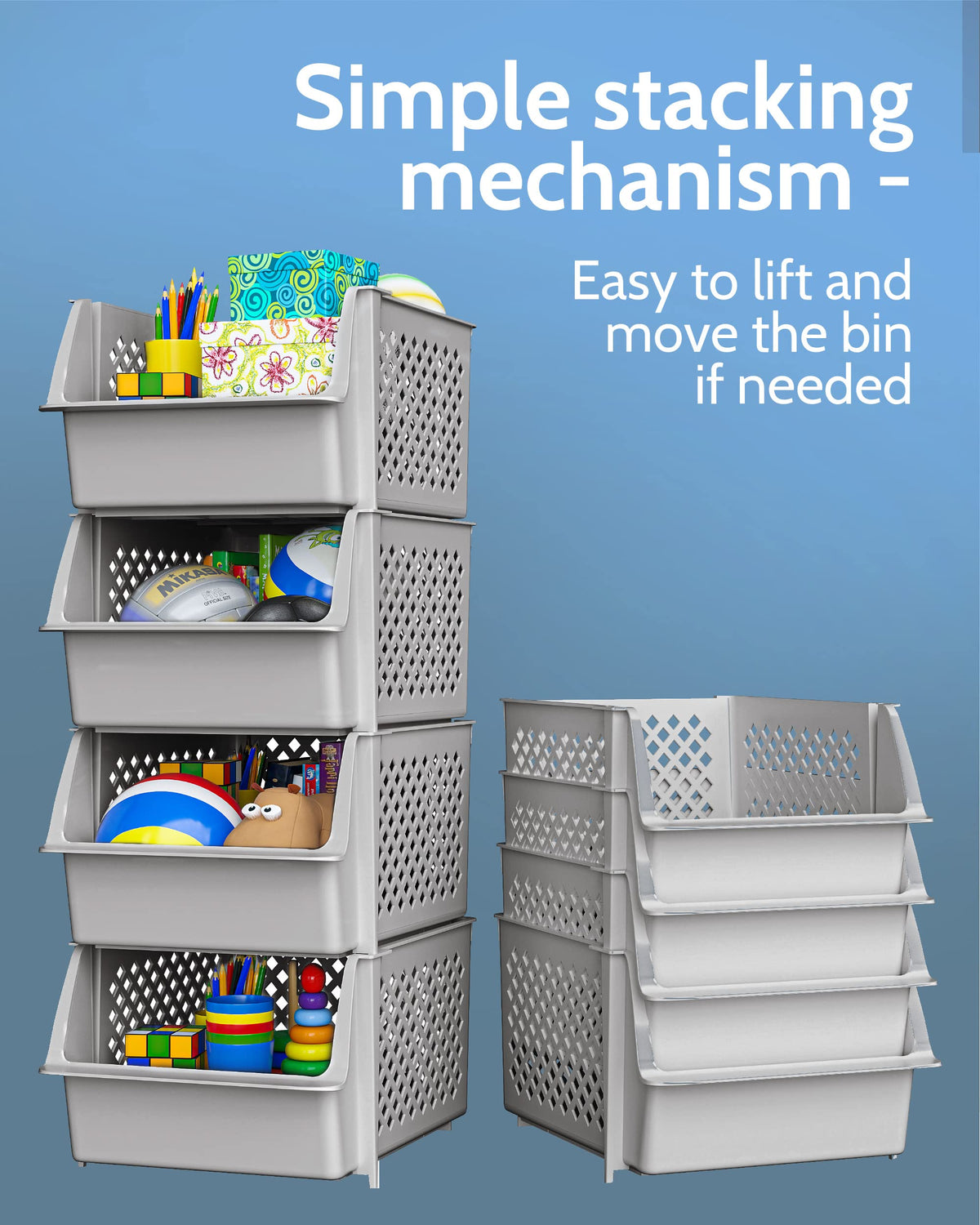 TidyFriend Stackable Storage Bins for Pantry, 4 Pack Stackable Bins For Organizing Food, Kitchen, and Bathroom Essentials (Light Grey)