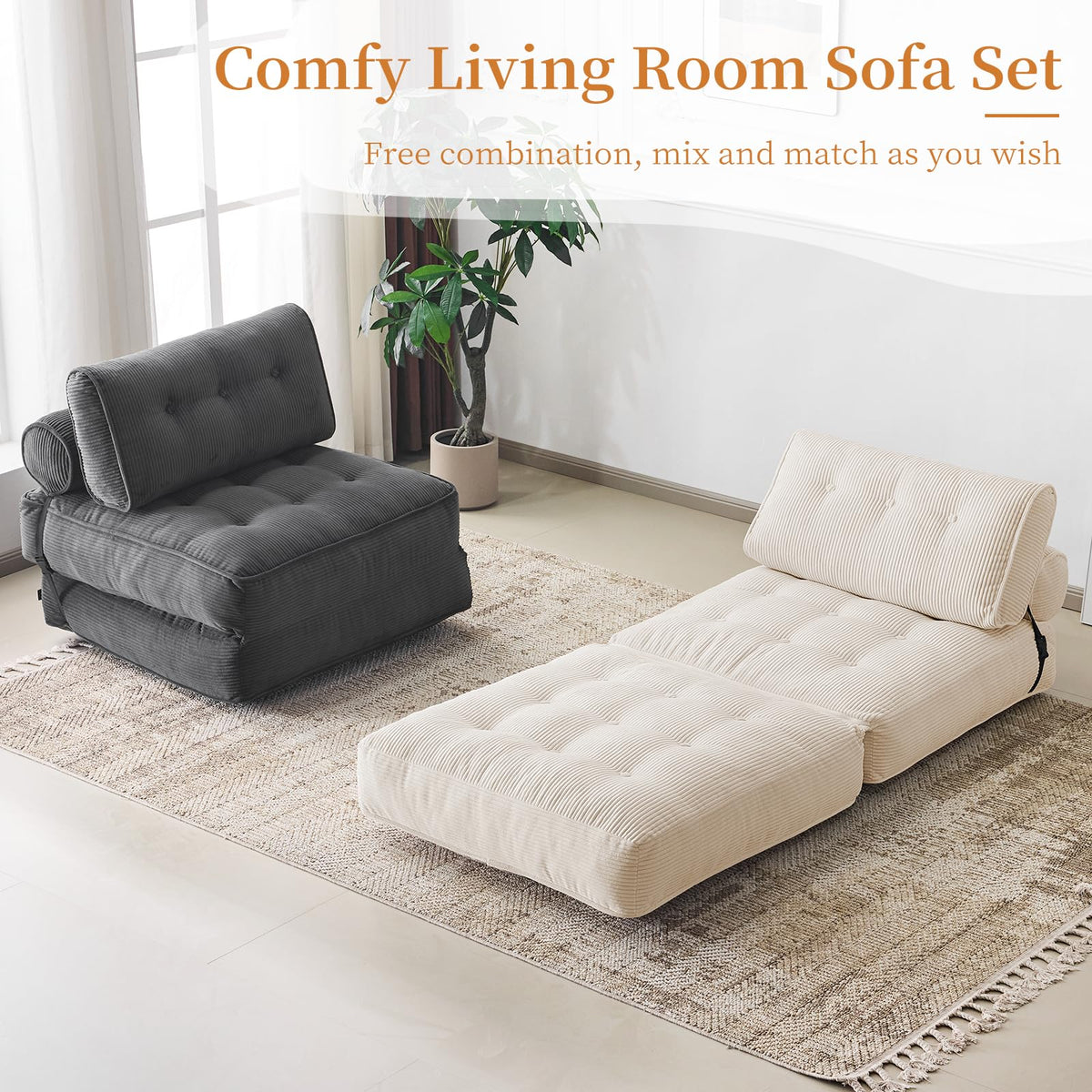 Furnimart Twin Size Folding Sofa Bed, 3 in 1 Convertible Sleeper Chair, Modern Single Sofa Lounge Chair, Small Pull Out Sleep Bed, Floor Futon Couch for Living Room, Corduroy Beige