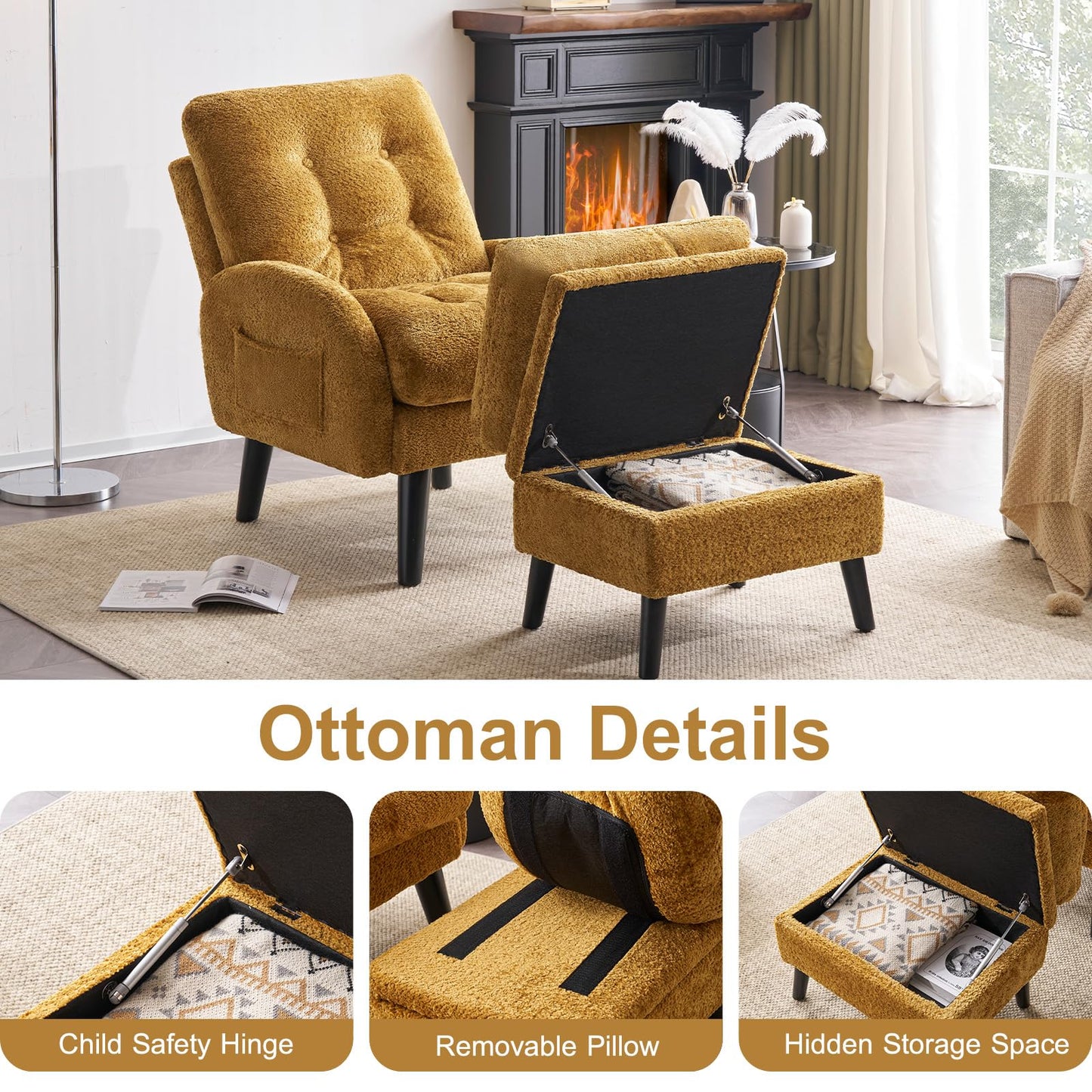SENYUN Accent Chair with Ottoman Adjustable Backrest,Tufted Living Room Chair Upholstered Lounge Chair with Footrest Set, Modern Chair Cozy Reclining Chair for Reading Room (Chenille - Yellow)