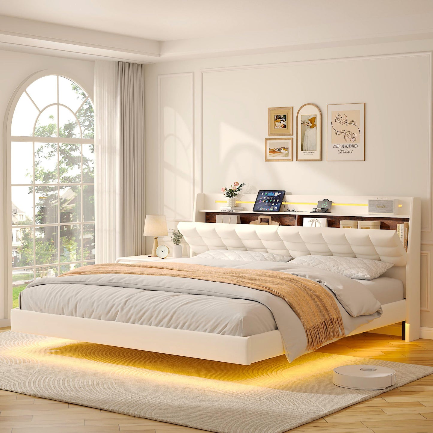 FSTAR King Size Floating Bed Frame with Storage Headboard & LED Lights, Velvet Upholstered Platform Bedframe with Charging Station, Wooden Slats Supports, No Box Springs Needed, Beige