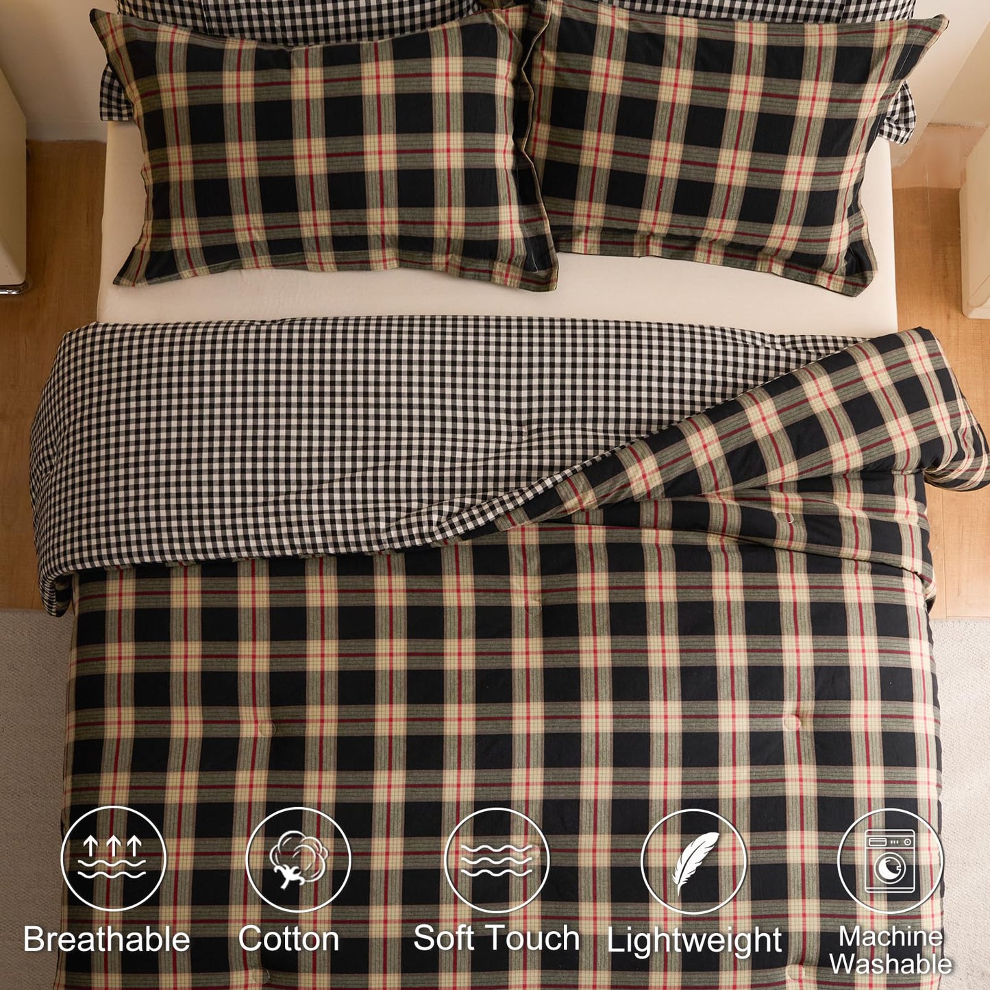 hadamick 100% Cotton Comforter Set Twin Size – Reversible Yarn-Dyed Checkered Design, Soft Washed Cotton on Both Sides, Lightweight All-Season Bedding, Machine Washable(Black Red Plaid, 68”x90”)