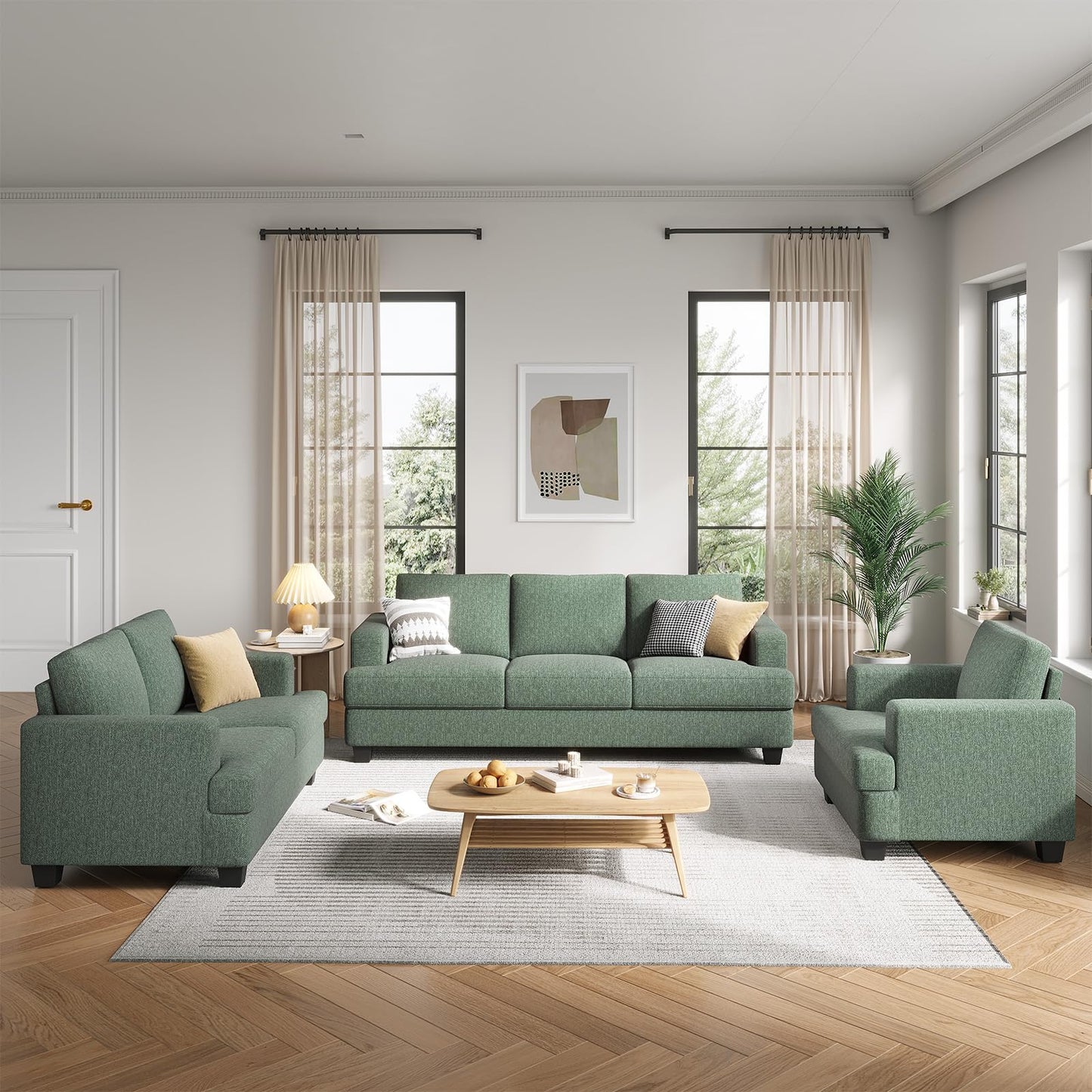 COPIAE 84 Inch Sofa with Extra Deep Seats Oversize, Linen Fabric 2 Seater Sofa for Living Room,Modern Couch and Loveseat, Comfy Armrests and Seats and Backrests, Easy Installation, Light Green