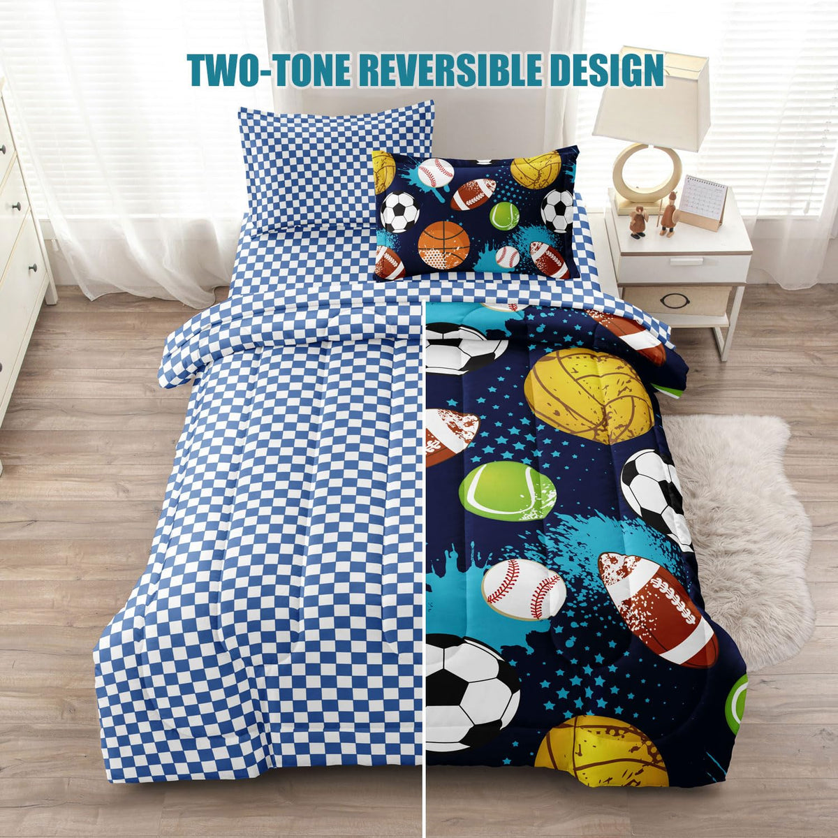 Leaflin Kids Boys Comforter Set Twin Bed in a Bag w/Sheet Sets, Blue Twin Bedding Sets for Teens Soccer Basketball Baseball Football Sports Themed Bedroom Decor Reversible Design