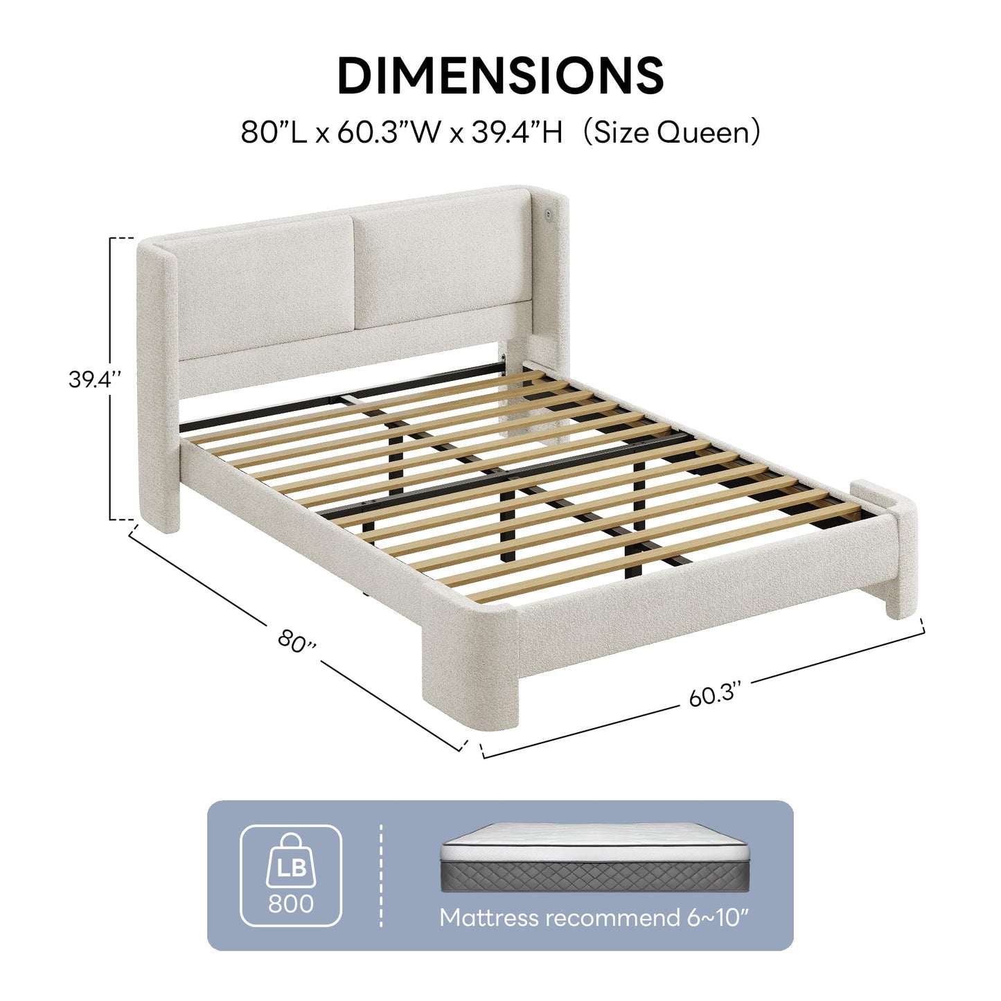 LIKIMIO Queen Bed Frame with Headboard, Upholstered Bed Frames with USB Ports, Base Cama Bed Frame No Box Spring Needed, Cream White