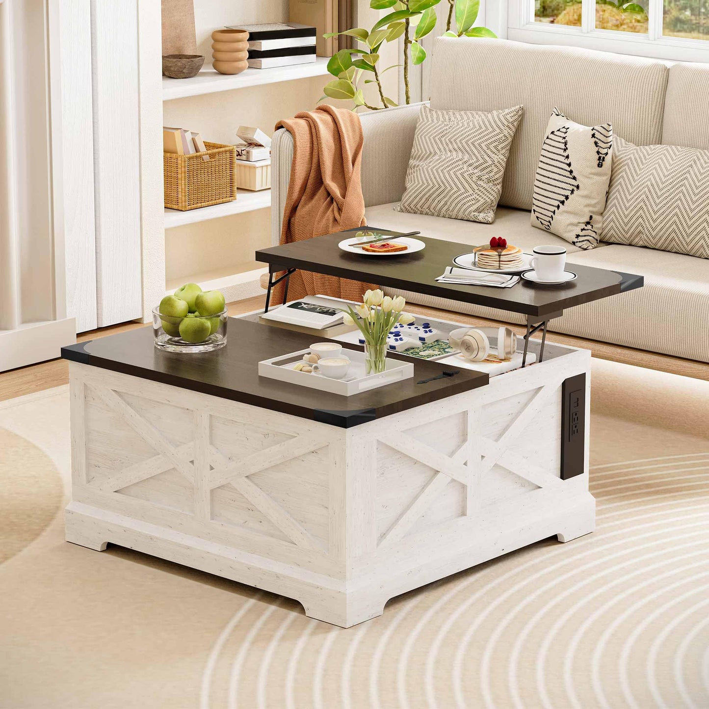 LAUSAINT HOME Farmhouse Lift Top Coffee Table with Large Hidden Storage Compartment, Wood Square Center Table with Lifting Top for Living Room, Home Office, White