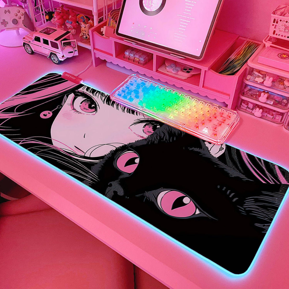 JMIYAV Pink RGB Gaming Mouse Pad 31.5x12 Inch PC XL Large Extended Glowing Led Light Up Desk Pad Non-Slip Rubber Base Computer Cute Mousepad Mat Desk Accessories Gaming Setup Fuzzy Shelter