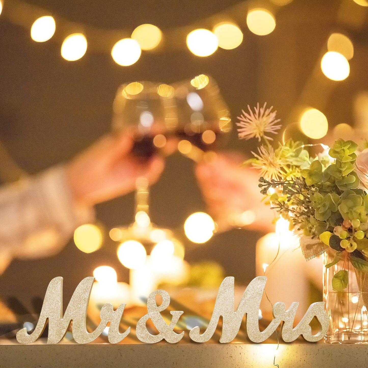 Wooden Mr and Mrs Sign, Rustic Mr. & Mrs. Letters Wedding Signs for Wedding Table, Miss Mr. Deroation for Photo Props/Party Table/Anniversary/Valentine's Day/Wedding & Engagement, Golden