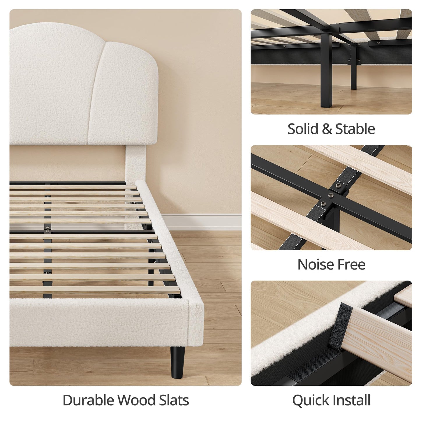 LIKIMIO Twin Size Bed Frame, Upholstered Twin Platform Bed with Headboard Lamb Velvet Twin Beds, No Box Spring Needed with 800LBS Sturdy Wooden Slats Support, Noise Free, Easy Assembly, White