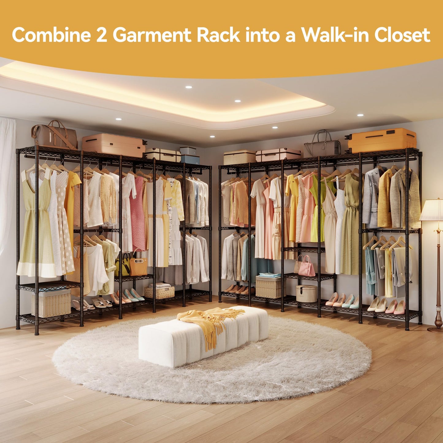 Higeego H5 Extra Large Wire Garment Rack, Heavy Duty Clothes Rack, Large Wardrobe Closet, Freestanding Closet Rack for Hanging Clothes, Clothing Racks with Adjustable Shelf, 93.3"Lx15.7"Wx75.4"H,Black