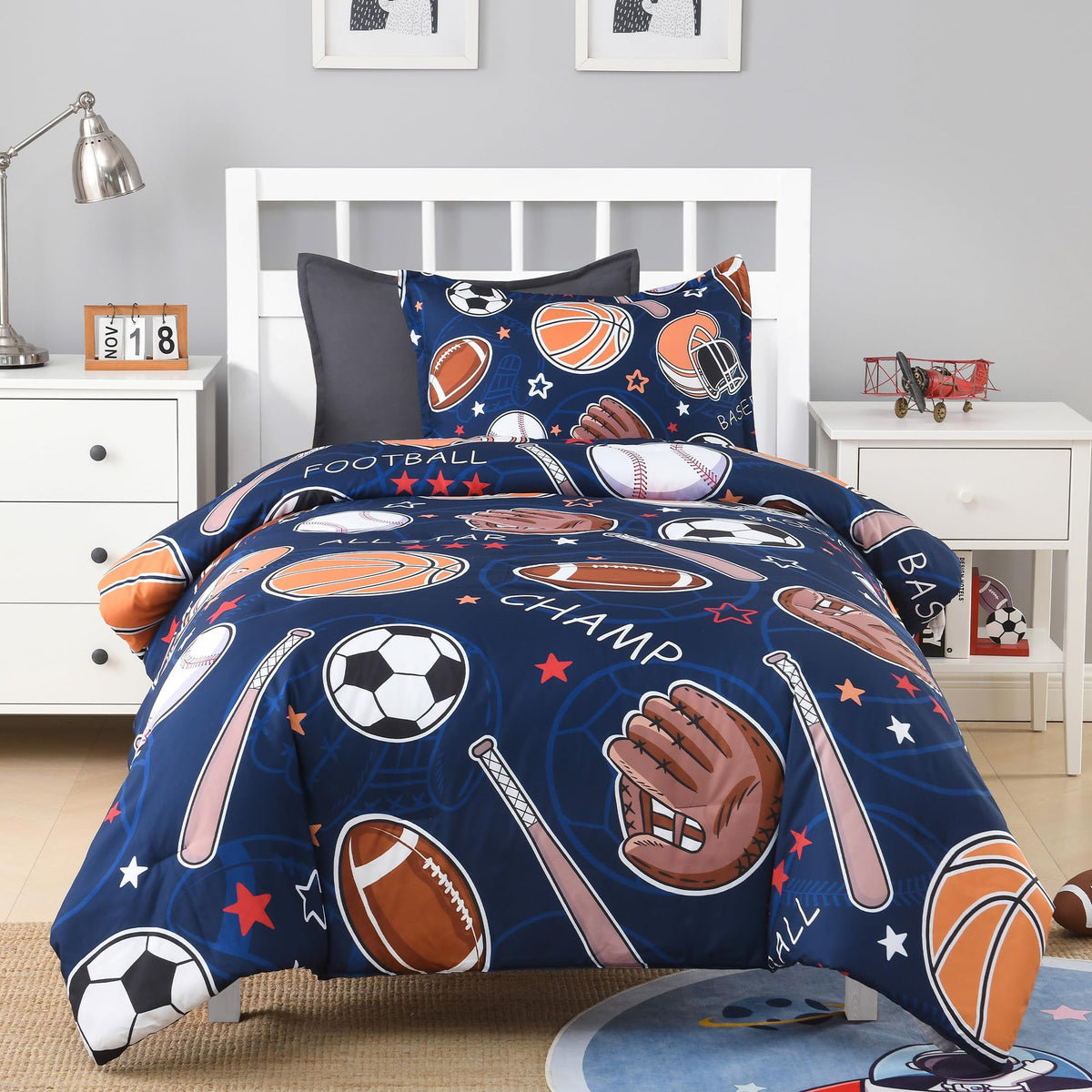 Andency Cartoon Ball Games Comforter Twin(66x90 Inch), 2 Pieces(1 Comforter, 1 Pillowcase) Soccer Basketball Baseball Football Comforter Set Sport Microfiber Bedding Set for Boys Girls Kids Teens