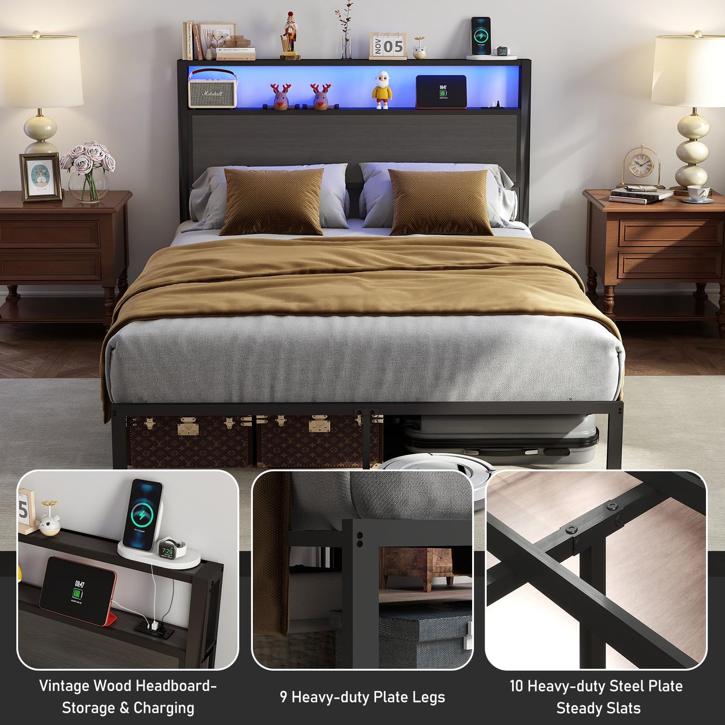 Queen Size Bed Frame with Headboard, Metal Platform Bed Frame with LED Lights & Charging Station, Under Bed Storage, Solid and Stable, No Box Spring Needed, Noise Free, Easy Assembly, Dark Grey