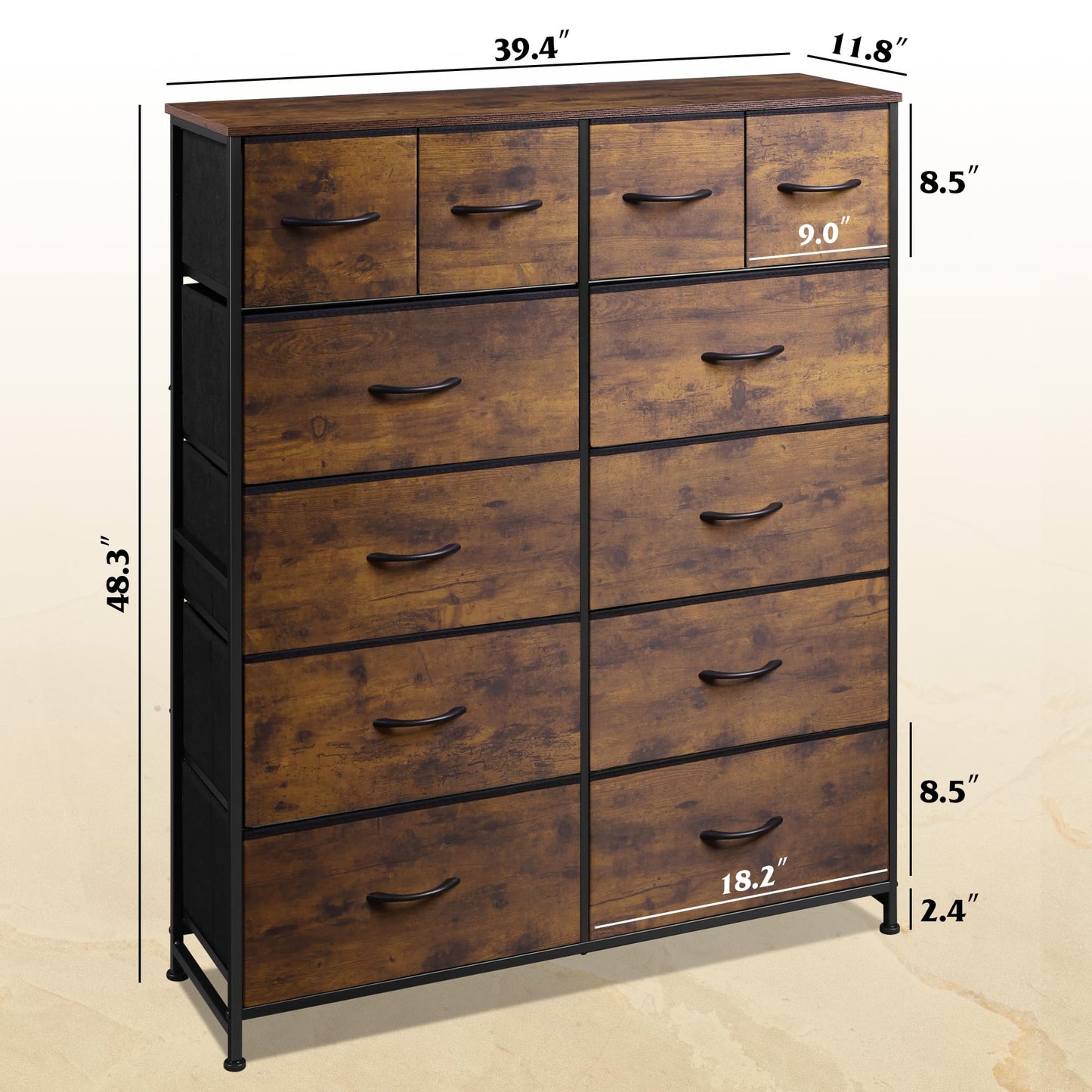 WLIVE Tall Dresser for Bedroom with 12 Drawers, Chests of Drawers, Fabric Dresser for Bedroom, Closet, Fabric Storage Dressers with Drawers, Steel Frame, Rustic Brown Wood Grain Print