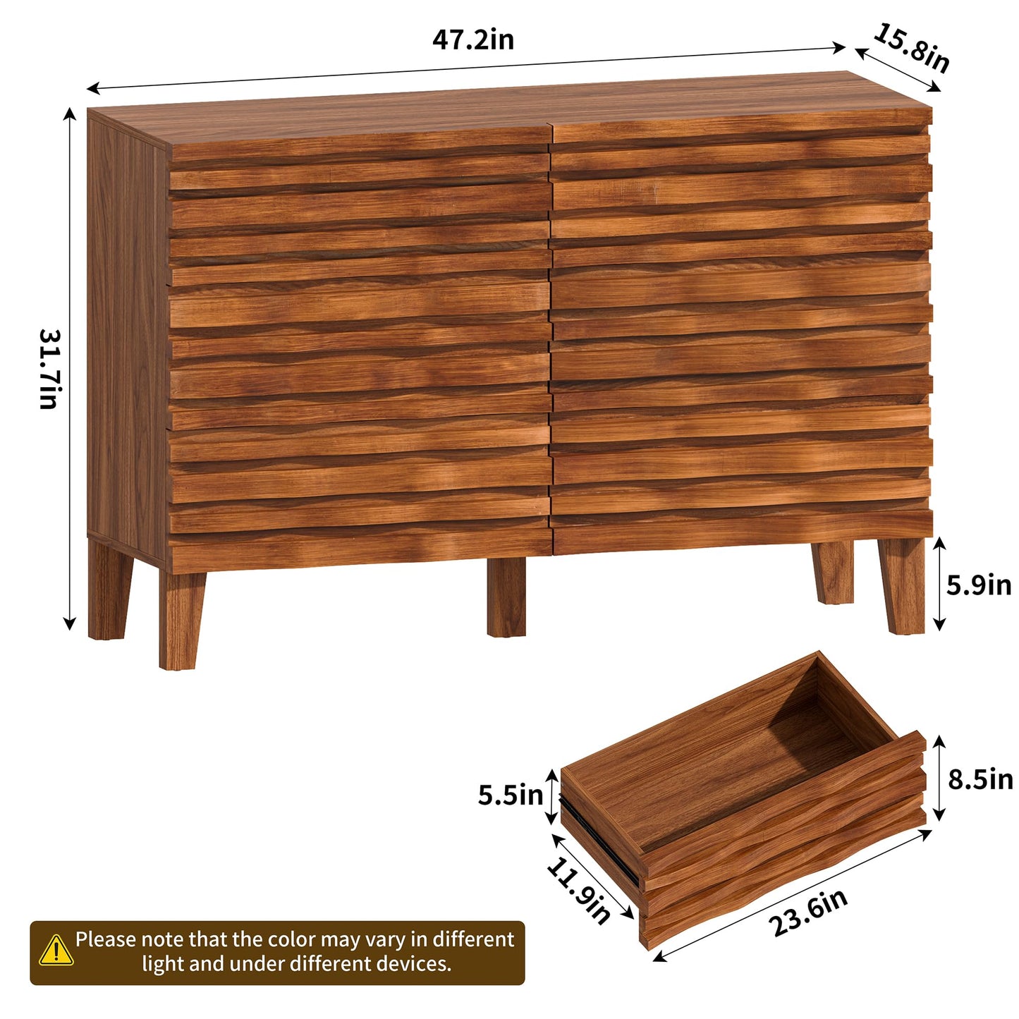 Lamohome Mid Century Modern 6-Drawer Dresser – Solid Wood Fronts, 47" Chest of Drawers with Fluted Design for Bedroom & Living Room, Natural Wood Finish