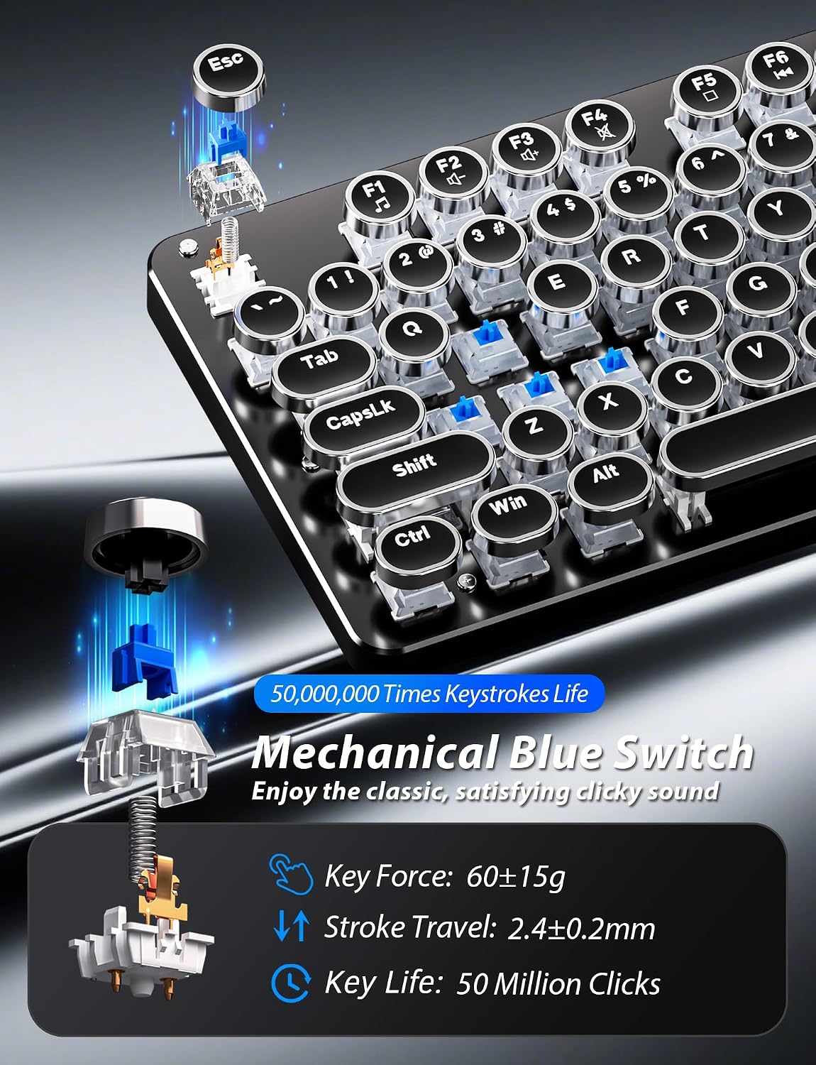 Typewriter Mechanical Gaming Keyboard and Mouse, Metal Panel Retro Keyboards with Round Keycap Blue Switch, Rainbow LED Backlit 104-Key Anti-Ghost Wired Mouse and Pad Combo for PC Laptop Mac Gamer