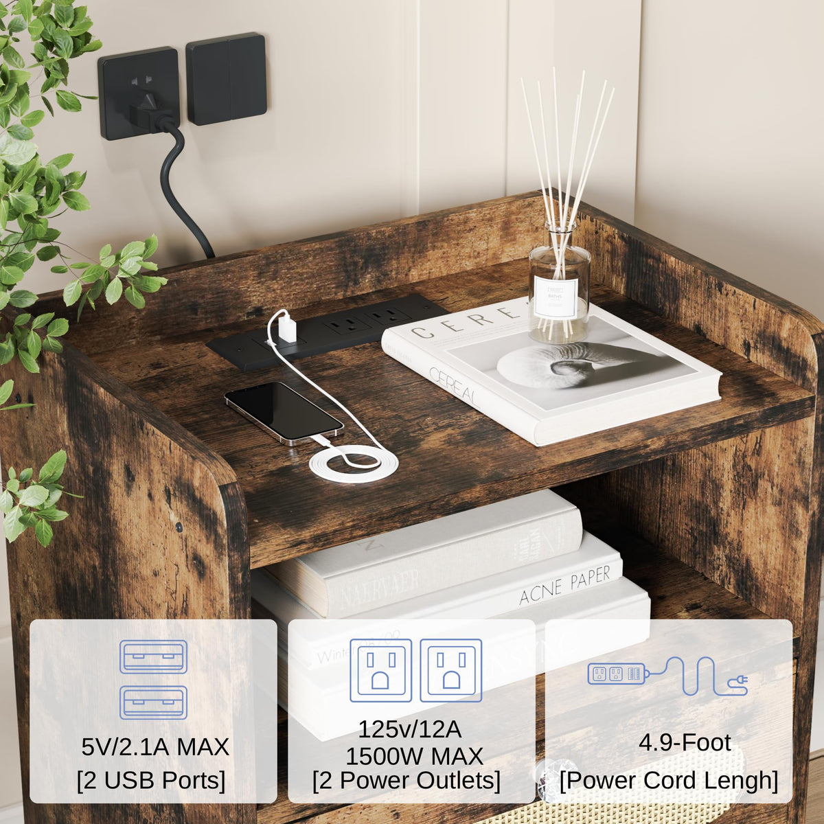 AGDULL End Table with Diamond Handle, Nightstand/Bedside Table with Charging Station, Rustic Brown