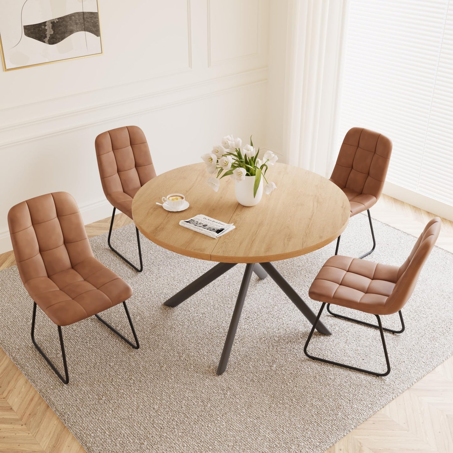 HIPIHOM 45.3 Inch Round Dining Table Set for 4, Mid Century Modern Small Kitchen Coffee Set for Dining Room Kitchen Apartment (Oak Table + 4 U-Shaped Brown Chairs)