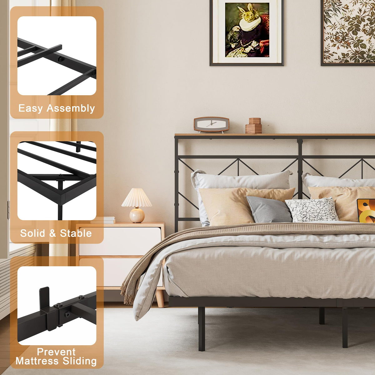 HAUSOURCE Full Size Floating Bed Frame with Storage Headboard Metal Platform Bed Frame with LED Lights and Charging Station Easy Assembly No Box Spring Needed