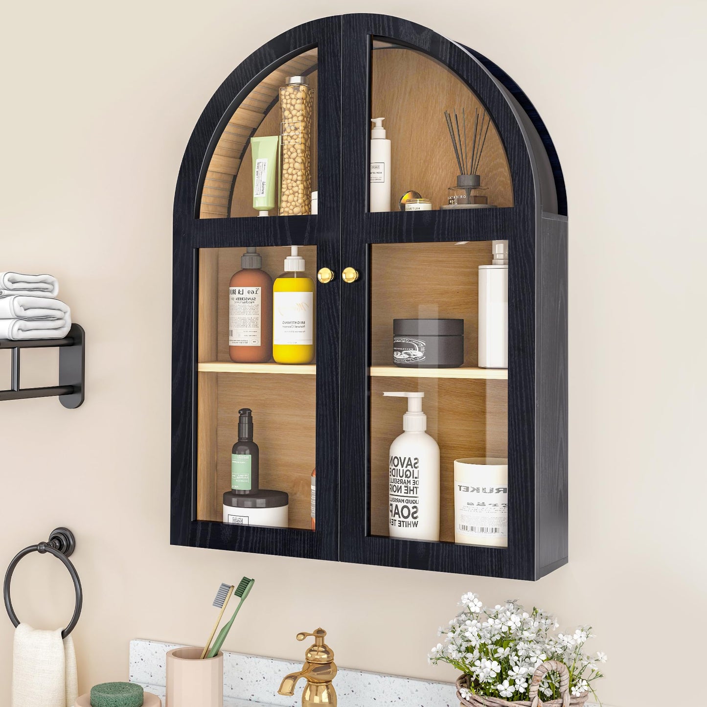 Bathroom Medicine Cabinet Wall Mounted, Arched Wall Cabinet with Adjustable Shelf & Acrylic Doors, Floating Cabinet for Wall Over The Toilet Storage Cabinet Space Saver for Kitchen, Black