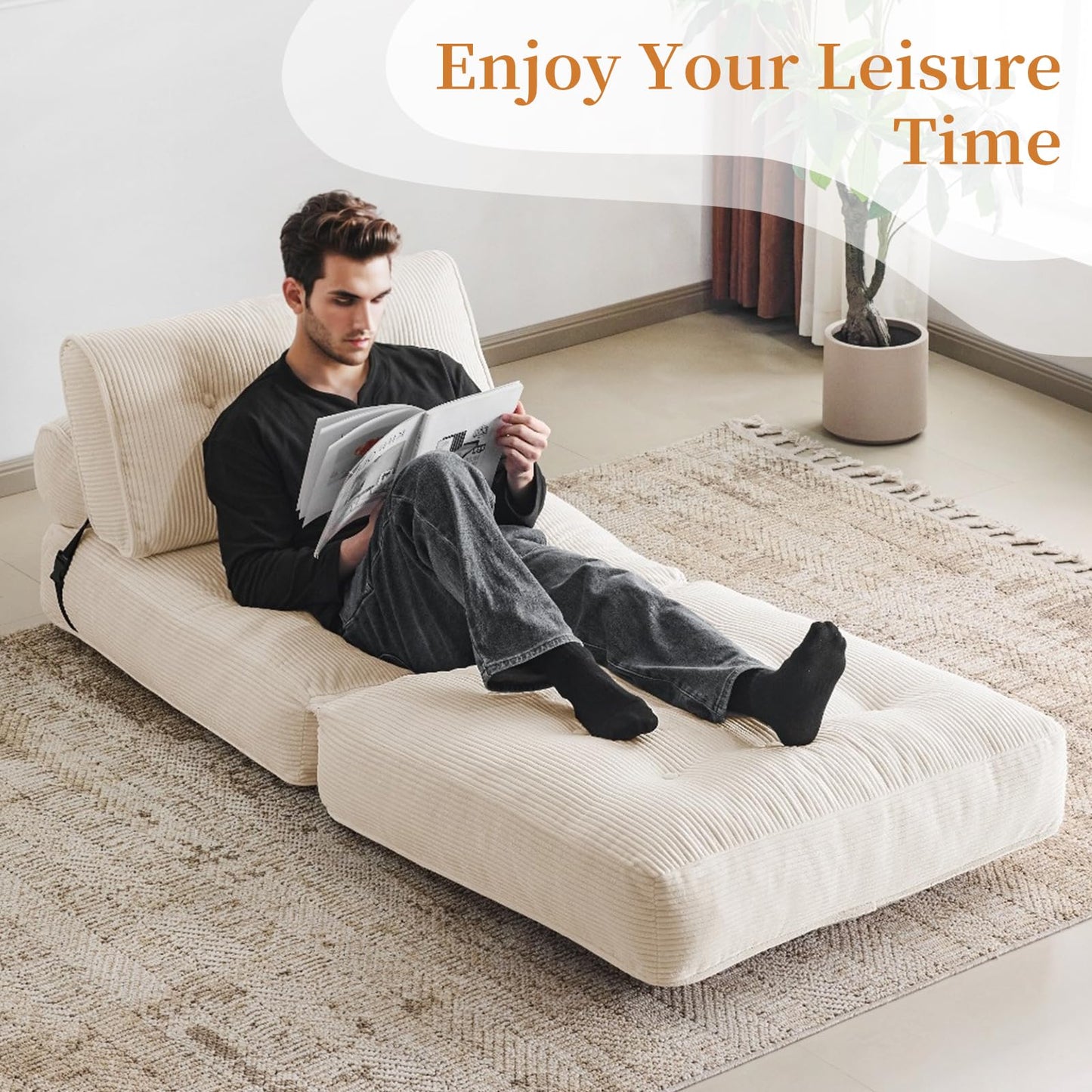 Furnimart Twin Size Folding Sofa Bed, 3 in 1 Convertible Sleeper Chair, Modern Single Sofa Lounge Chair, Small Pull Out Sleep Bed, Floor Futon Couch for Living Room, Corduroy Beige