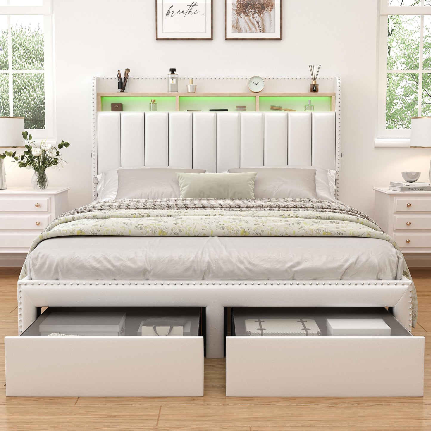 SIBEDS Queen LED Bed Frame with 2 Drawers, Modern Platform Beds with 2 Tier PU Leather Upholstered Storage Wingback Headboard, Channel Tufted Bedframe with Rivet Decor, No Box Spring Needed, White