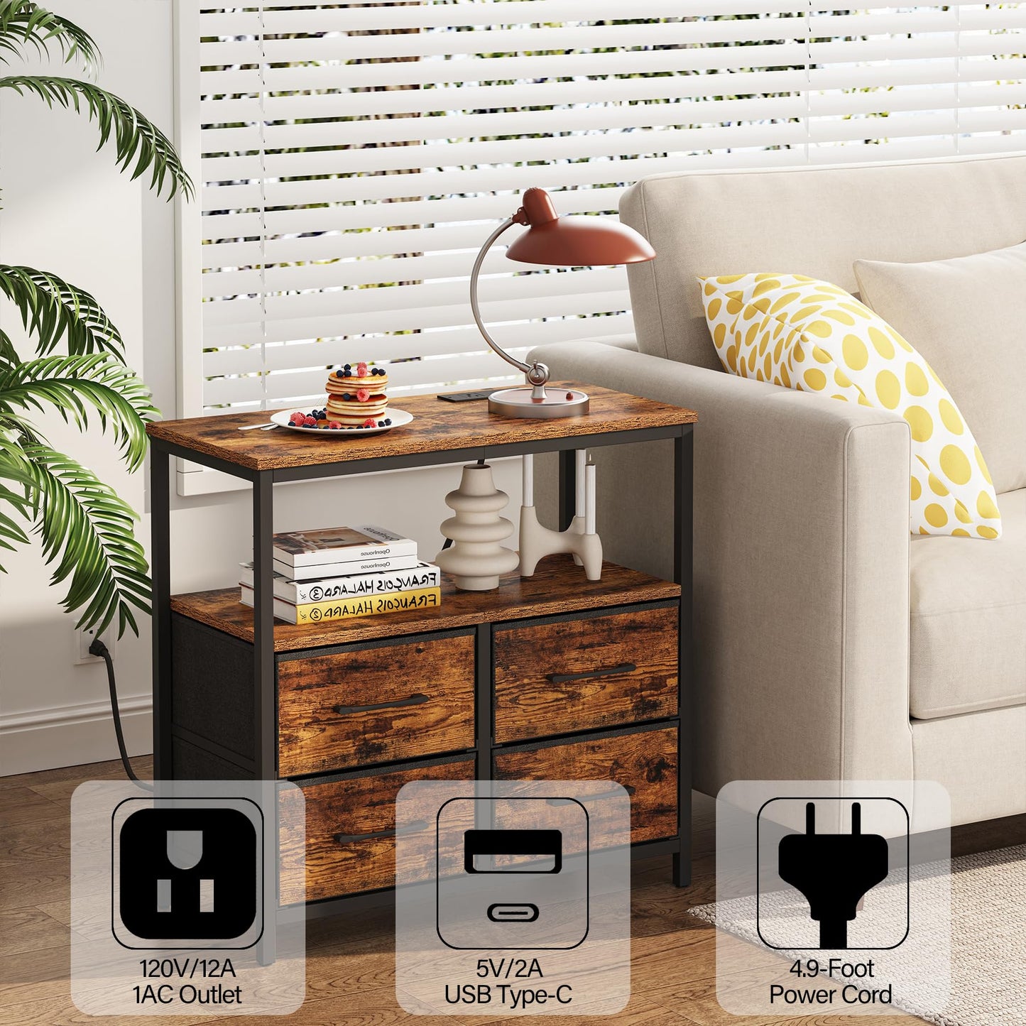 TUTOTAK Large Night Stand with Charging Station, Nightstand with USB and Type-C Port, Bedside Table with Cloth Drawers, End Table for Livingroom, Bedroom, Brown TB01BB081