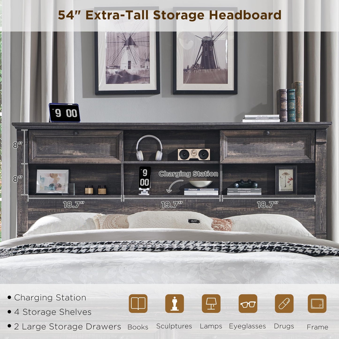 Farmhouse Queen Size Bed Frame with 54" Tall Storage Bookcase Headboard, Wood Platform Bed Frame with 18" Tall Roman Column Decoration Footboard & 2 Drawers(Dark Rustic Oak)