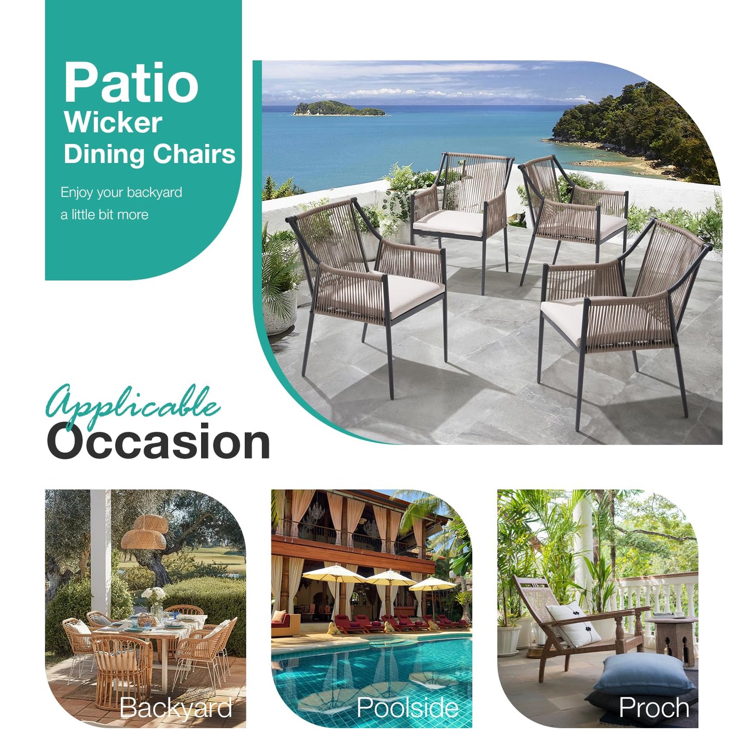 Patiorama Outdoor Dining Chairs Set of 4, Woven Rope Patio Dining Chairs, All-Weather Embossed Wicker Rattan Chairs, Outdoor Patio Chairs with Cushion & Integrated Armrest for Backyard, Light Beige