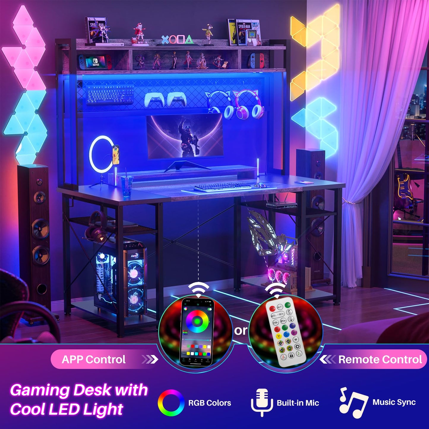 Armocity 2024 Upgrade Gaming Desk with Hutch, 48'' Magic Computer Desk with LED and Outlets, Reversible Workstation Desk with Pegboard, Grey/Black