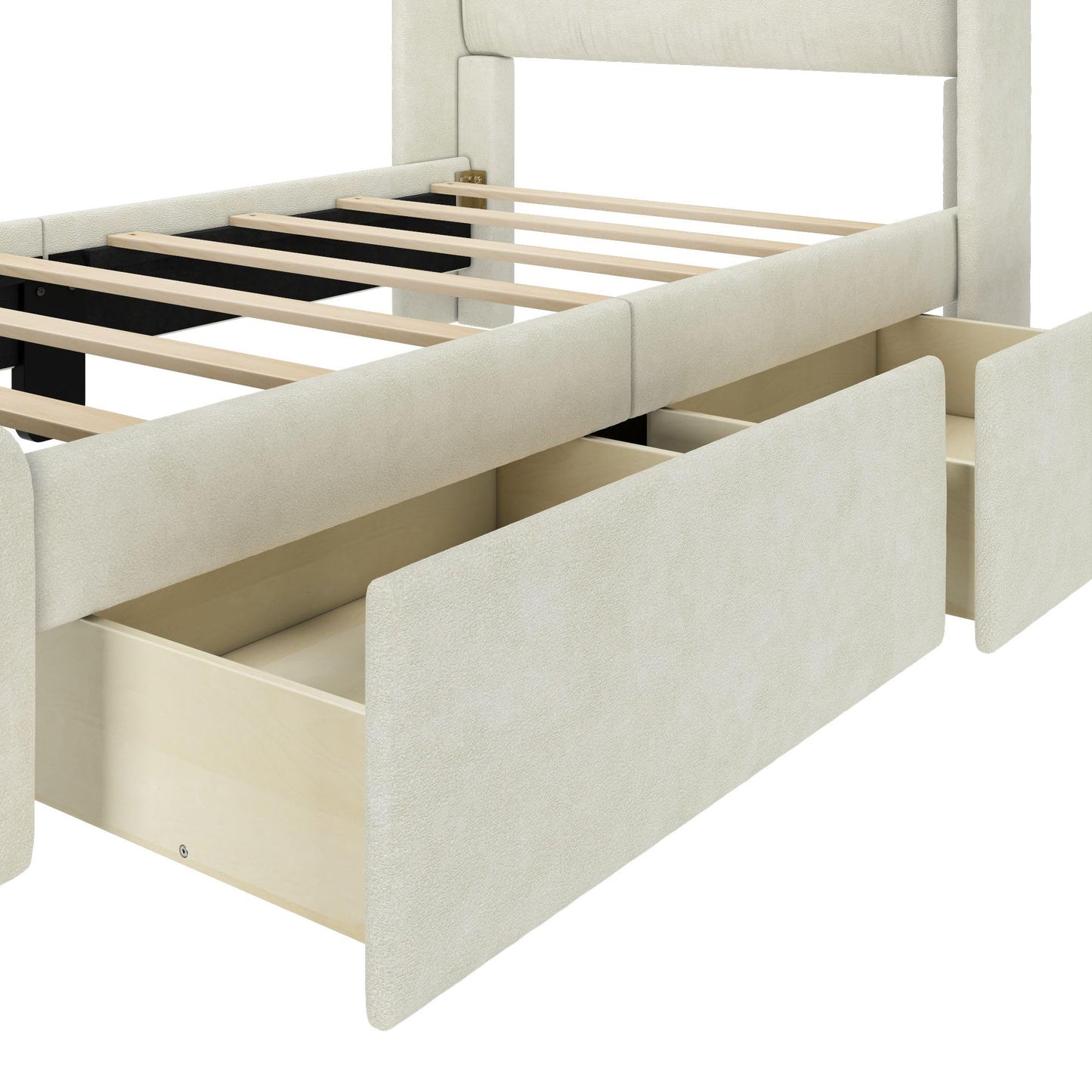 Plank+Beam Upholstered Twin Bed Frame with Rectangular Headboard and Two Storage Drawers, Upholstered Platform Bed, No Box Spring Needed, Easy Assembly, Cream