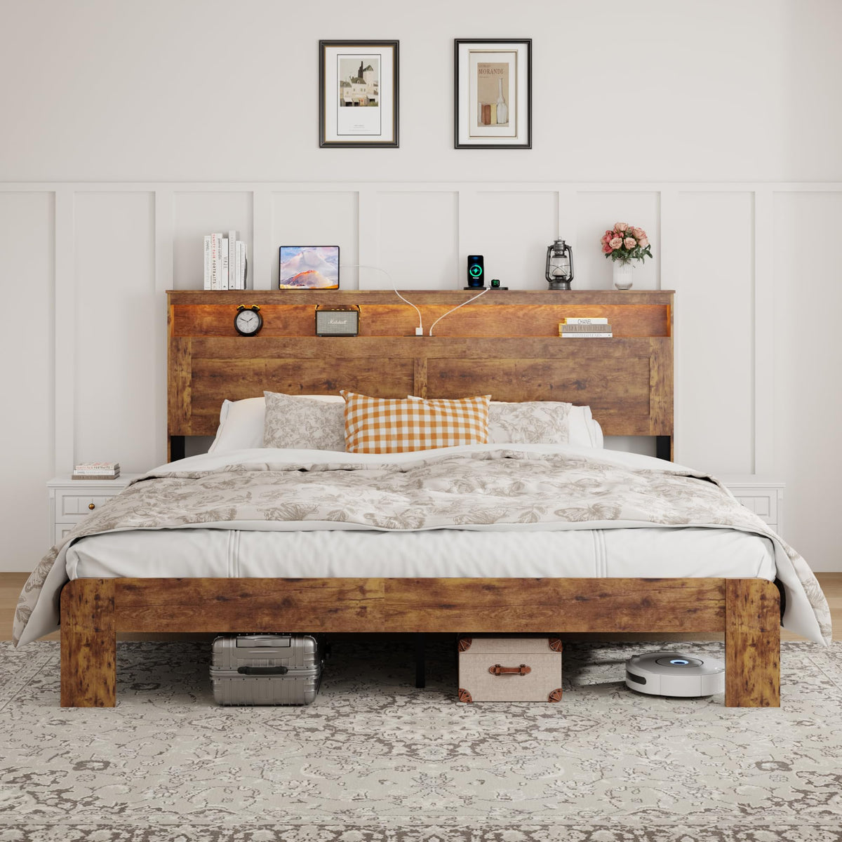 FSTAR King Size Wooden Bed Frame with Headboard, Farmhouse Bedframe with Charging Station & Led Lights, Heavy Duty Metal Slats, Noise Free, No Box Spring Needed, Dark Brown