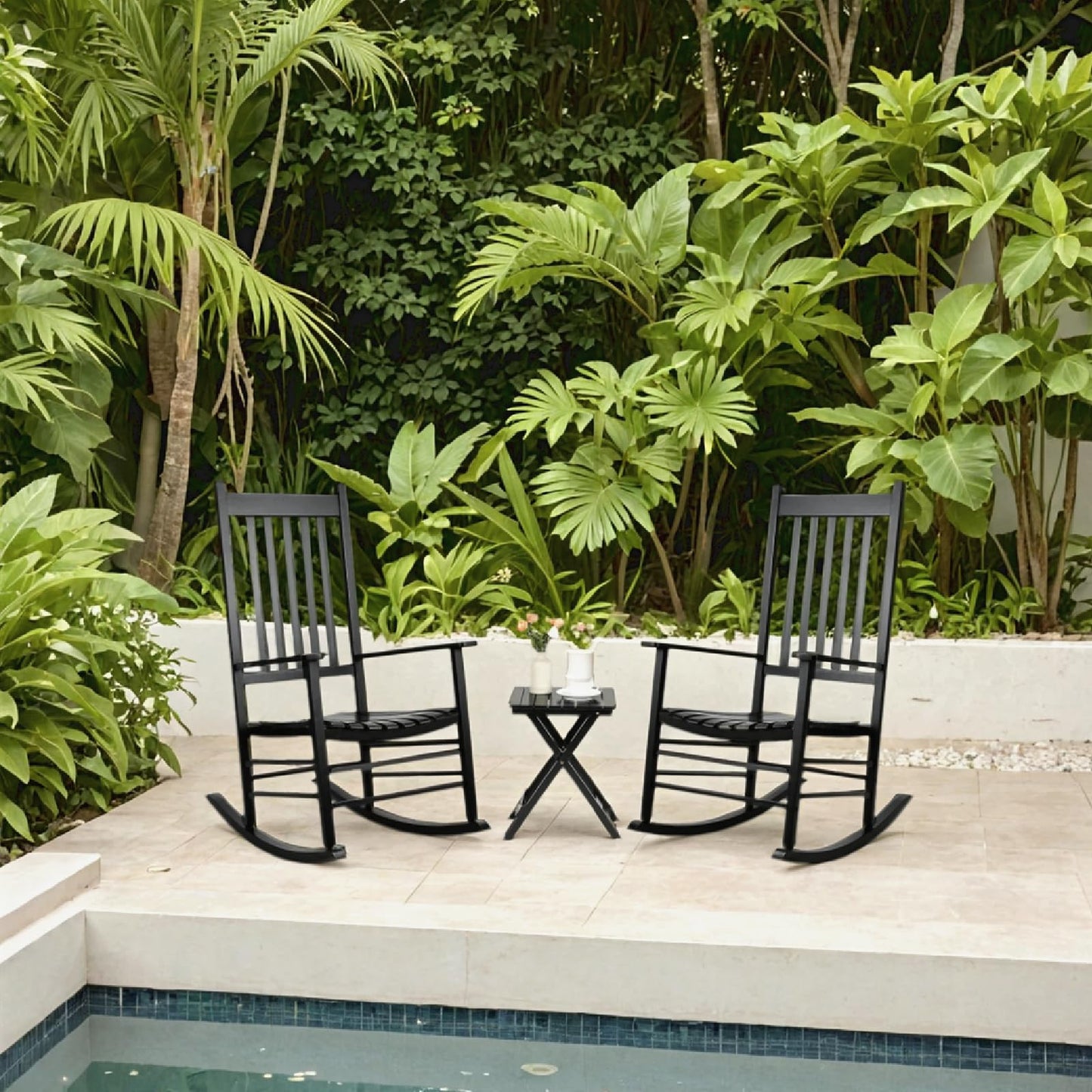 MAMIZO Outdoor Rocking Chair Set 3-Piece, Rocking Chair Patio Set of 2 with Side Table, with High Back,Indoors or Outdoor Wooden Rocker, Easy to Assemble for Porch, Patio, Garden,Lawn, Balcony