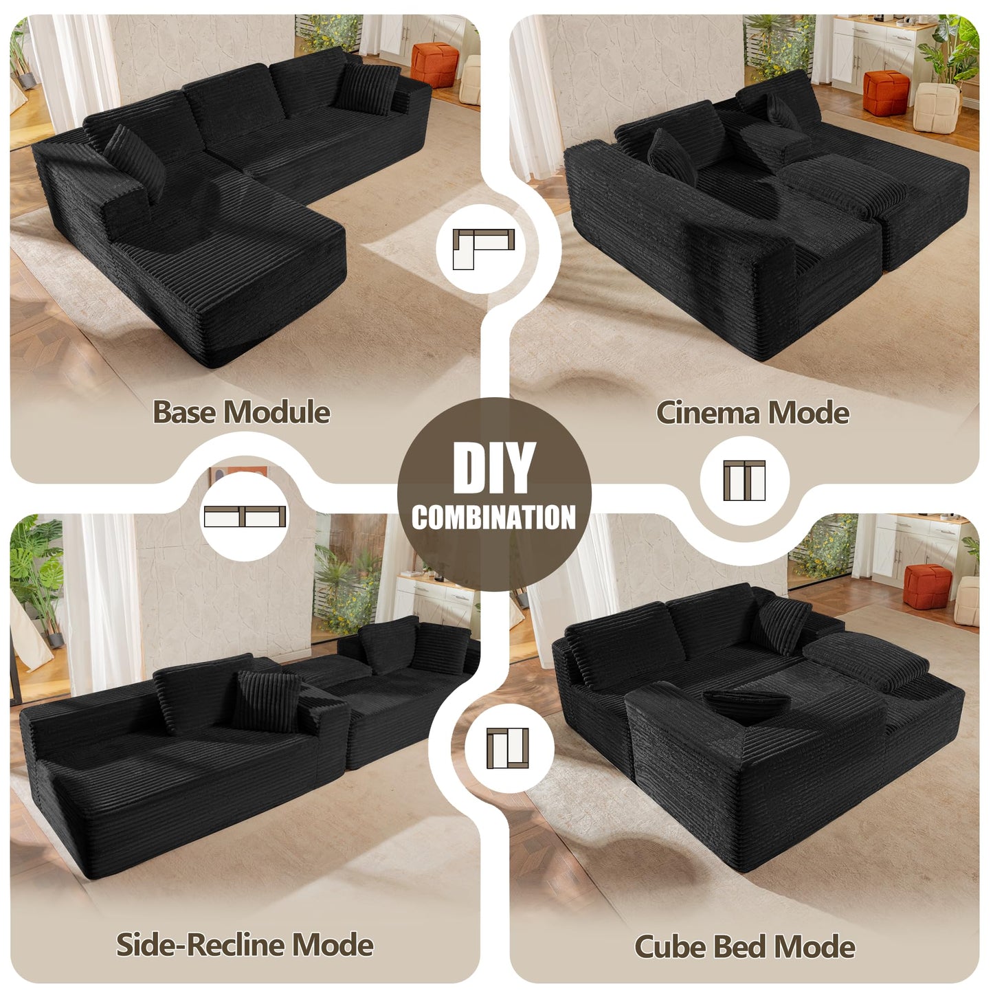 SaniCosi 108" Cloud Sectional Couch Sofa with L-Shape Chaise, Modern Modular Sofa Couch with Deep Seat, Upholstered Couches for Living Room Bedroom, No Assembly Required (Black)