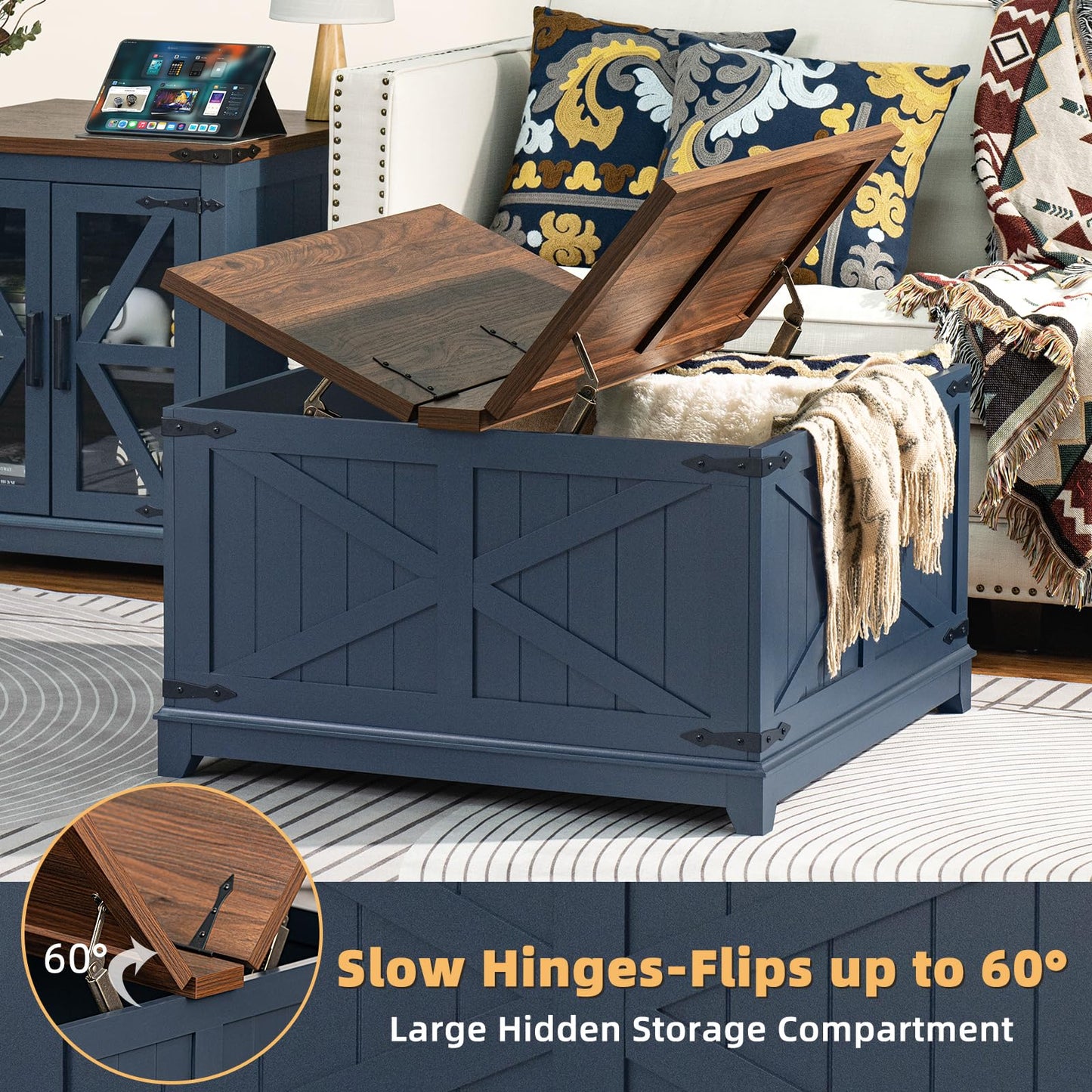 Joaxswe Farmhouse Living Room Sets, Coffee Table with Hidden Storage Organizer and Nightsands with Charging Station, Coffee Table Set of 3 for Living Room,Office, Home