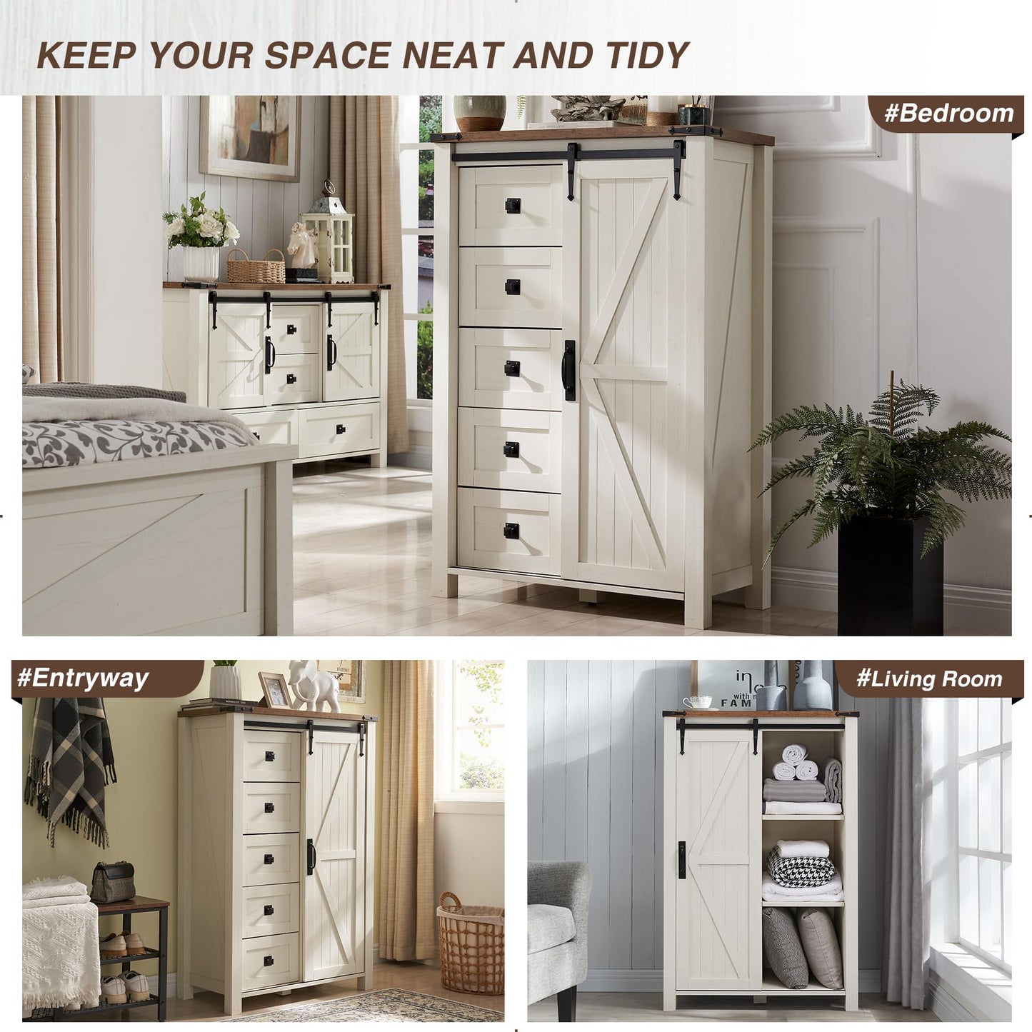 T4TREAM 5 Drawers Dresser for Bedroom w/Sliding Barn Door, Farmhouse Modern Tall Dresser 5 Chest of Drawers, Storage Organizer for Bedroom, Hallway, Living Room, Kids Room, Antique White
