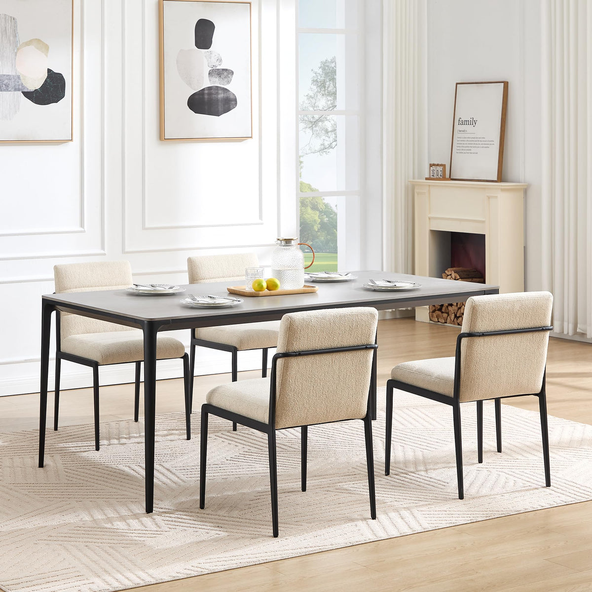 Flouki Modern Dining Chairs Set of 4, Upholstered Linen Kitchen Chairs with Wide Seating, Mid Century Dining Room Chairs with Thick Foam Padded on Backs, Sturdy Metal Legs, Beige