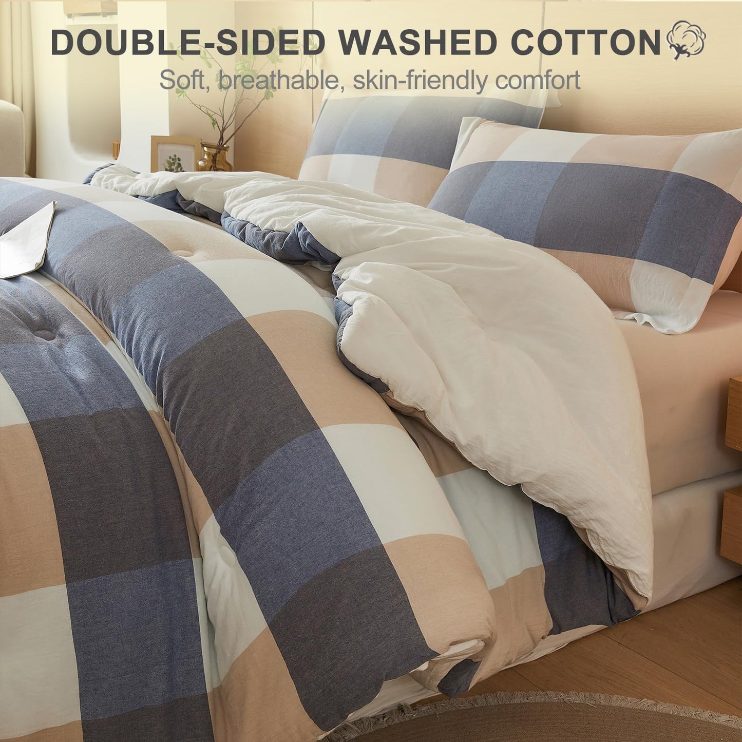 hadamick 100% Cotton Comforter Set Twin Size – Reversible Yarn-Dyed Checkered Design, Soft Washed Cotton on Both Sides, Lightweight All-Season Bedding, Machine Washable(Blue White Plaid, 68”x90”)