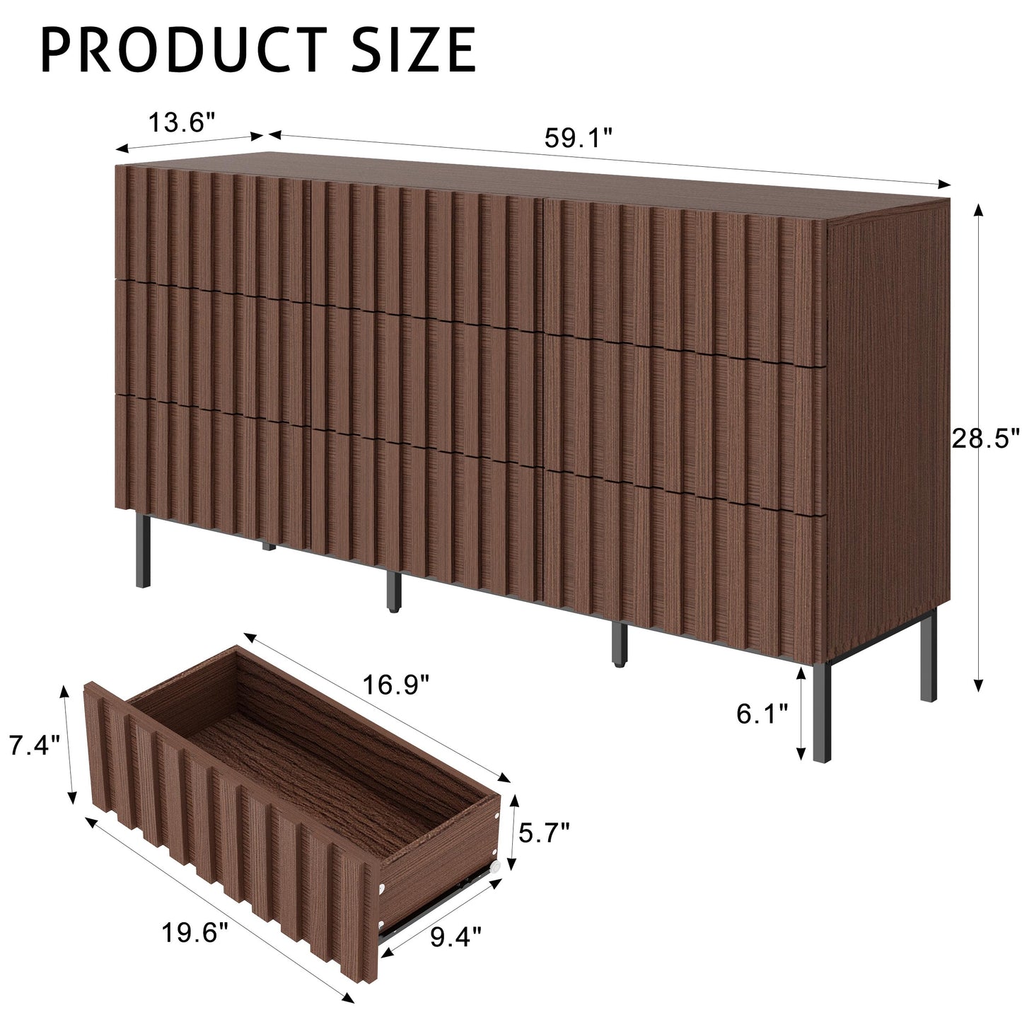 UEV 59" Fluted Dresser with 9 Drawers for Bedroom, Mid Century Style Fluted Dresser, Long Chest of Drawers TV Stand for Bedroom, Hallway (Walnut)