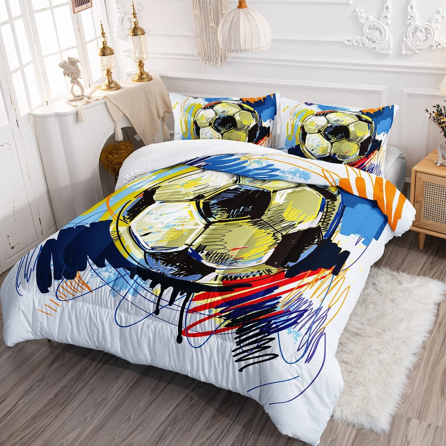 BSNTHO Soccer Comforter Set Boys Sports Bedding Set Twin Size for Kids Teens Hand Drawn Football Graffiti Style Comforter Design 3 Piece with 1 Comforter 2 Pillowcases