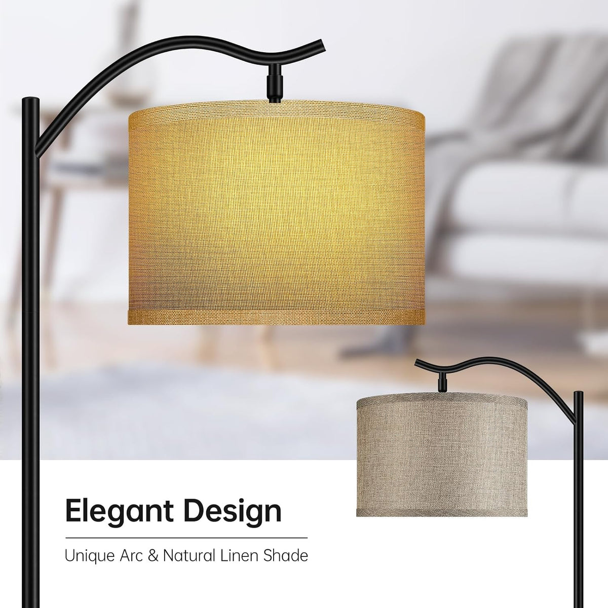 BoostArea LED Arched Floor Lamp with Fabric Linen Shade