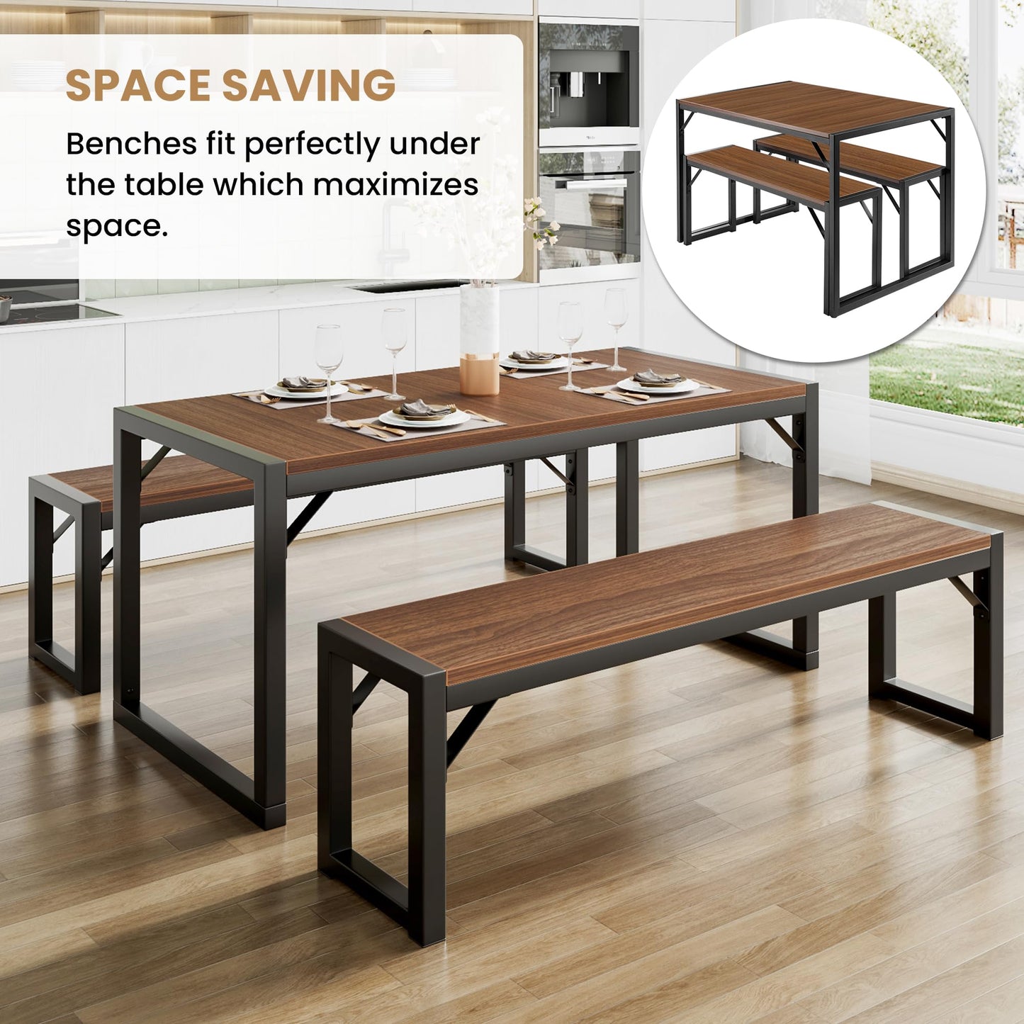 SHA CERLIN Kitchen Dining Table Set for 4 with Benches, Rustic Small Space Saving Dinette, Heavy Duty Metal Frame