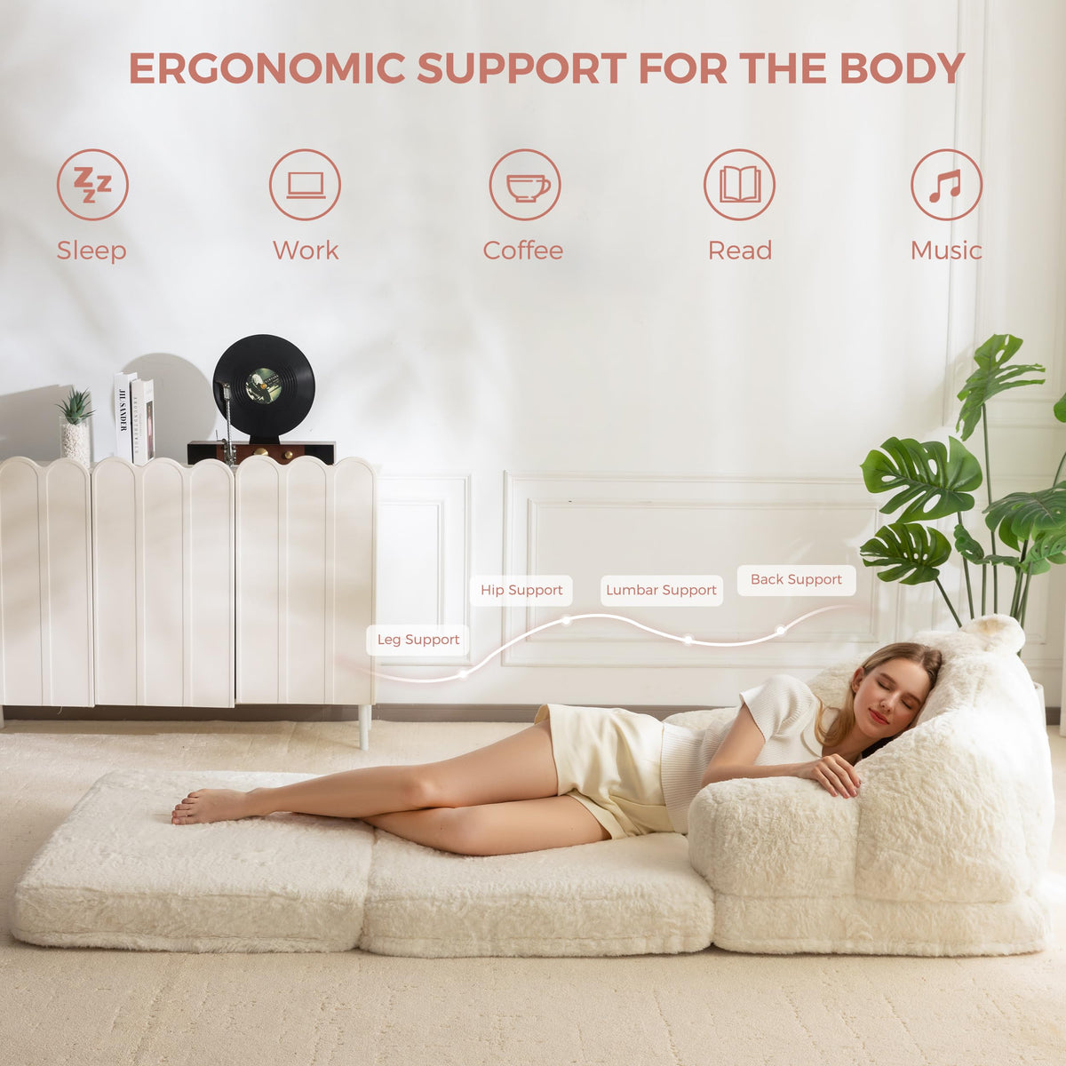 MAXYOYO Folding Sofa Bed, 2 in 1 Convertible Sofa to Lounger Comfy Single Bean Bag Chair for Adults, Floor Sleeper Couch with Handle, Faux Fur Couch Bed for Living Room Bedroom, Beige