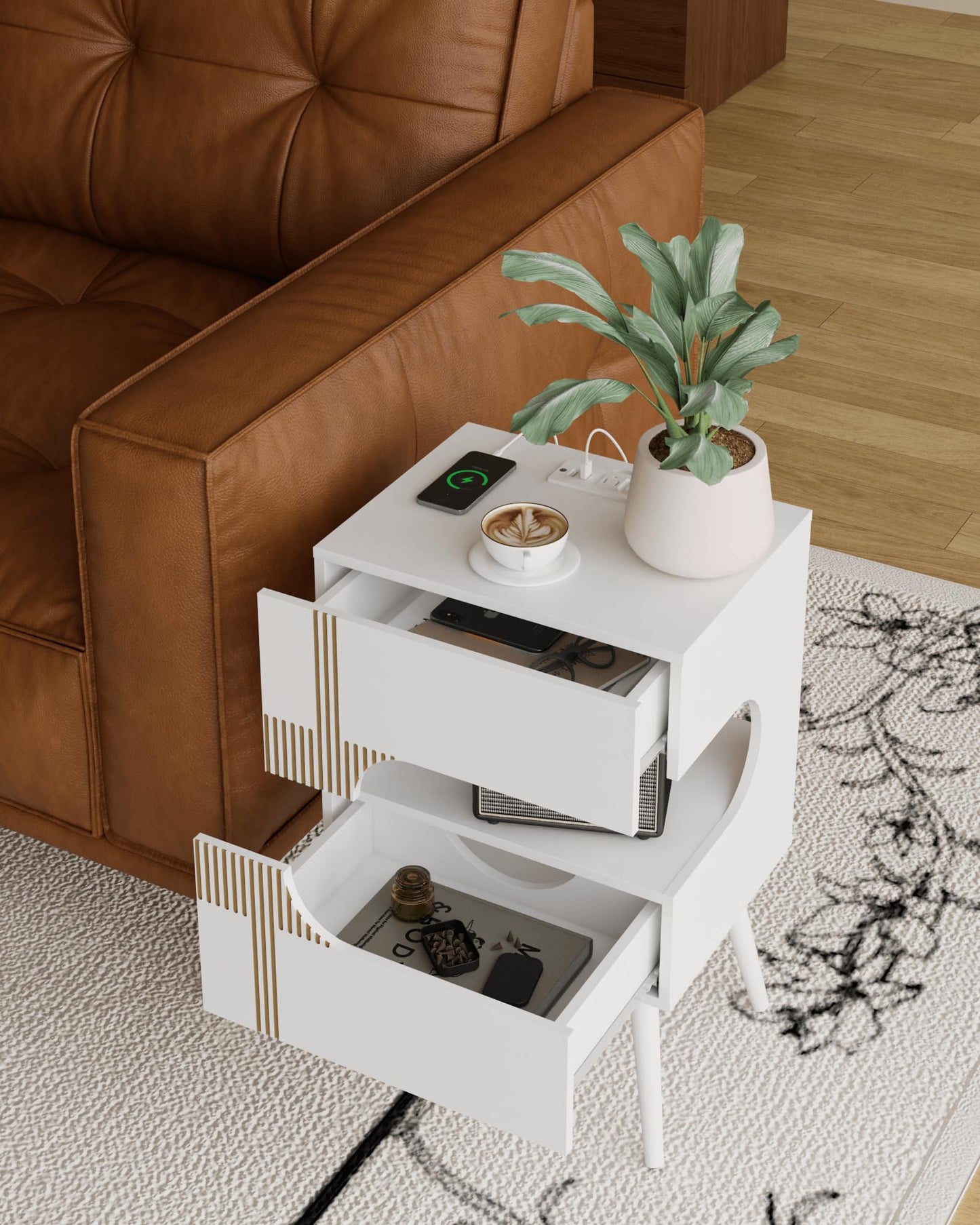JOONEE White Nightstand with Charging Station and LED Lights,Modern Bedside Table with 2 Storage Drawer,Night Stand with Solid Wood Legs,White (White-2)