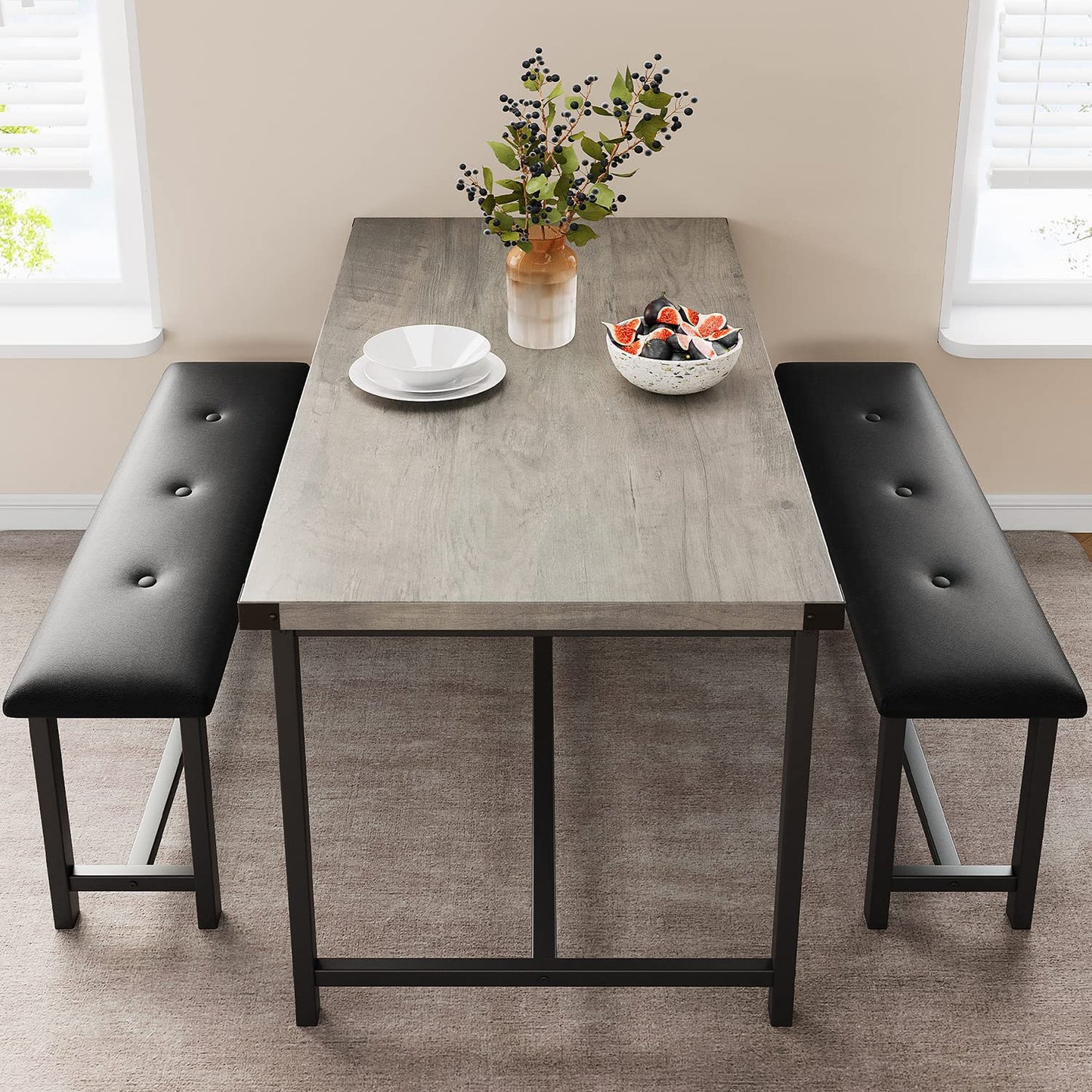 GAOMON Dining Table Set for 4, Kitchen Table with Benches, Rectangular Dining Room Table Set with 2 Upholstered Benches, 3 Piece Kitchen Table Set for Small Space, Apartment, Studio, Retro Grey